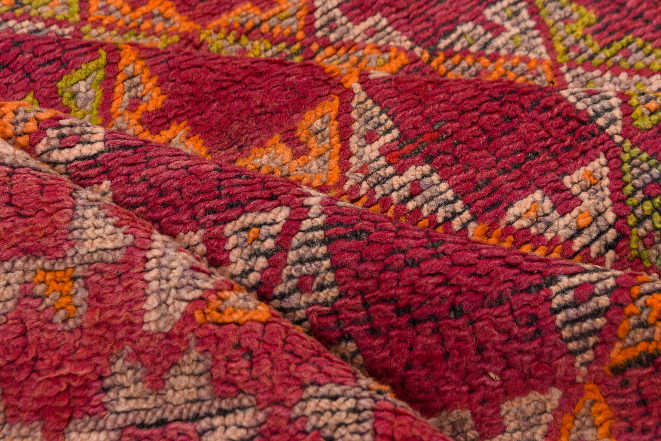 4' x 6' one-of-a-kind handmade vintage Moroccan small size rug. Color palette: rose, magenta, rust, ivory, saffron, brown