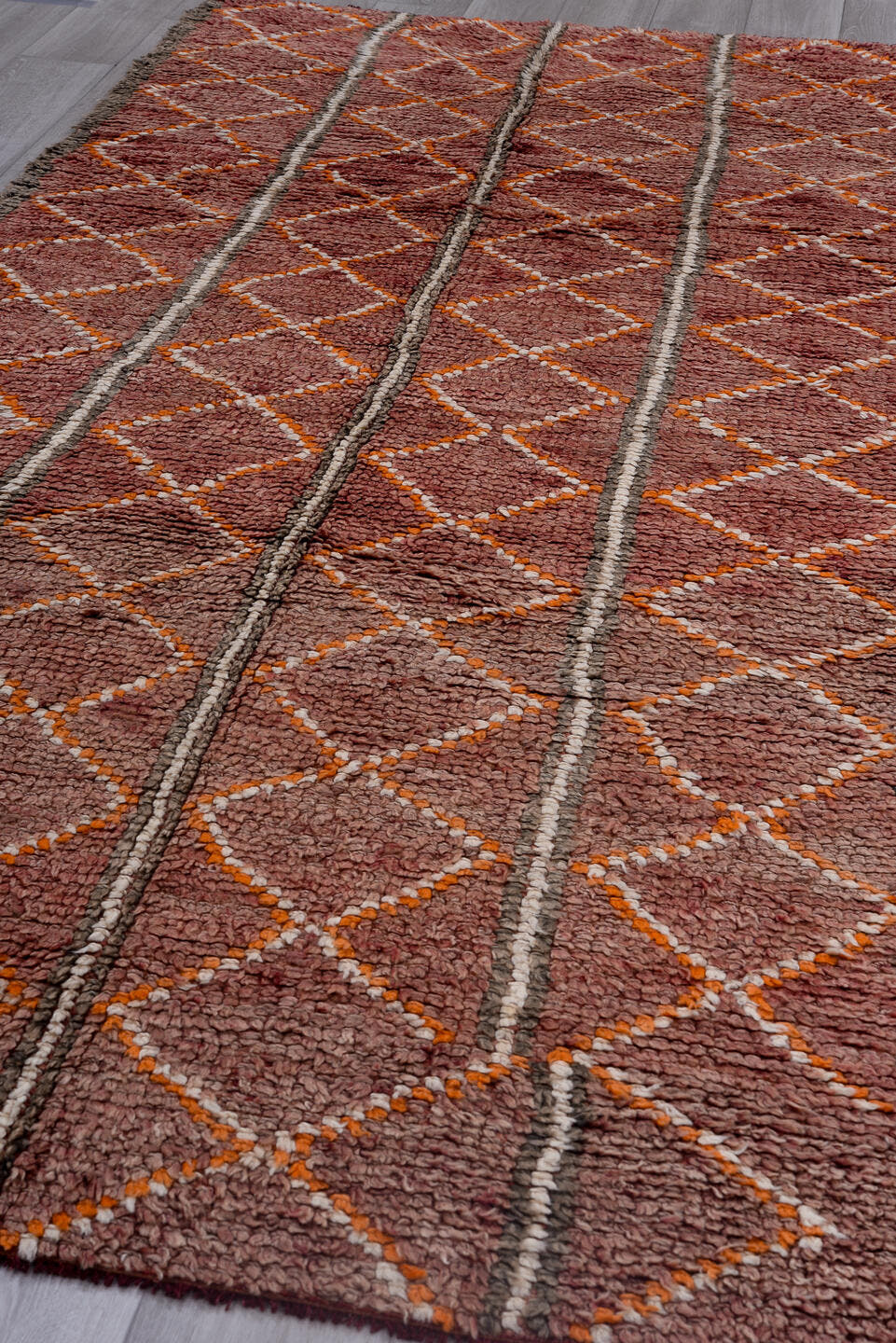 4' x 10' one-of-a-kind handmade vintage Moroccan runner rug. Color palette: rose, mauve, charcoal, ivory, saffron, taupe