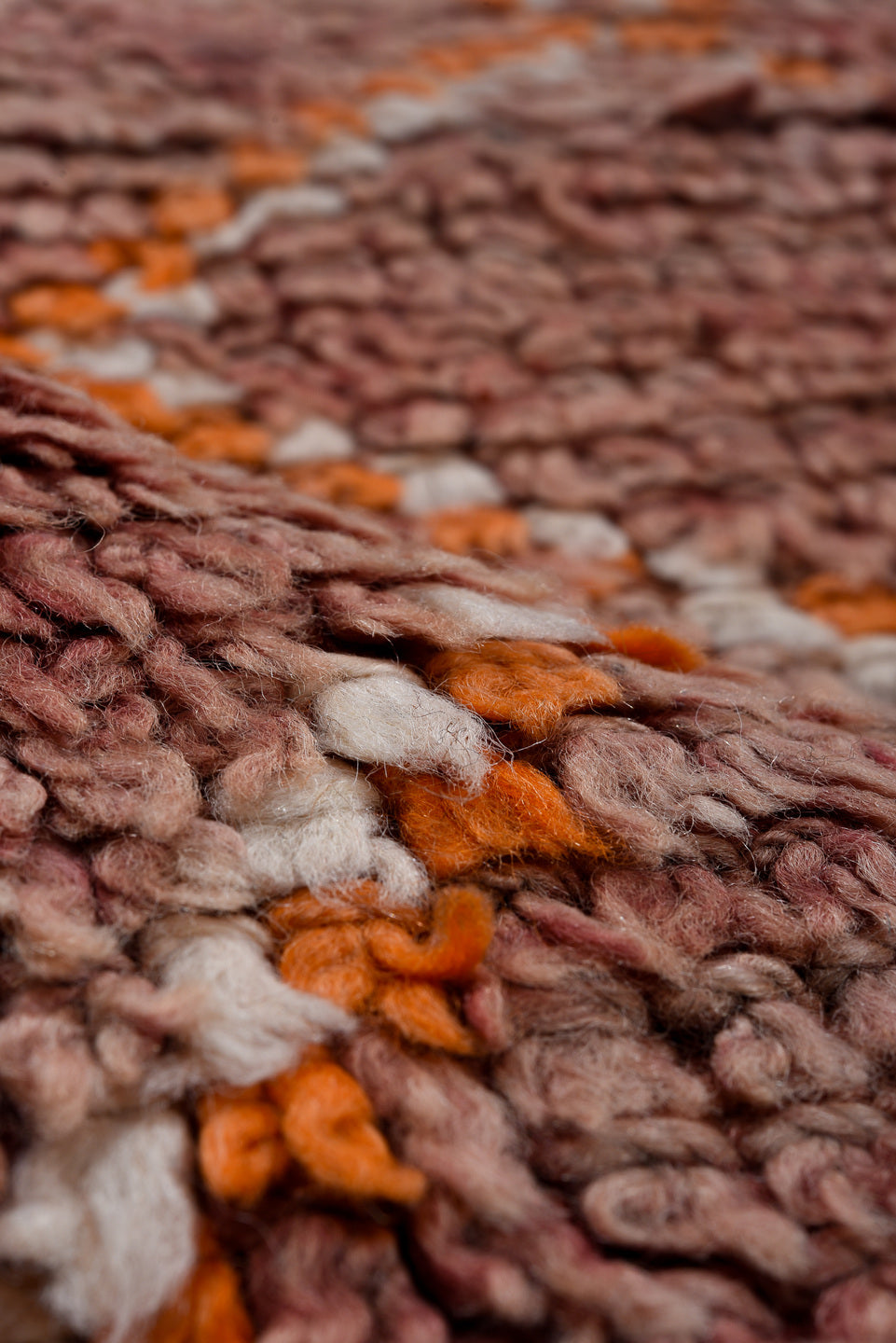 4' x 10' one-of-a-kind handmade vintage Moroccan runner rug. Color palette: pink, gray, brown, red, light gray, off-white