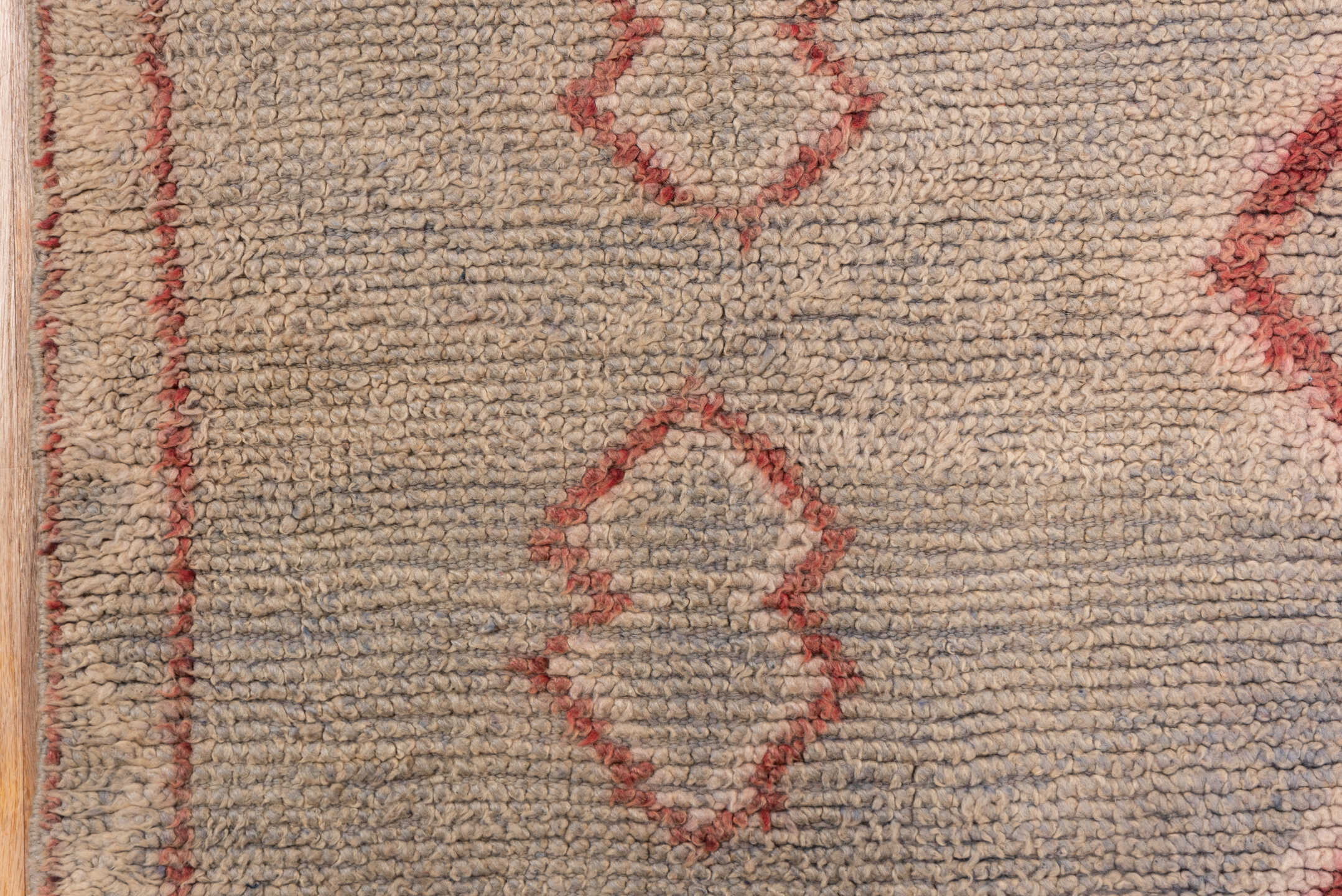 4' x 14' one-of-a-kind handmade vintage Moroccan runner rug. Color palette: brown, gray, off-white, pink, red, snow, white