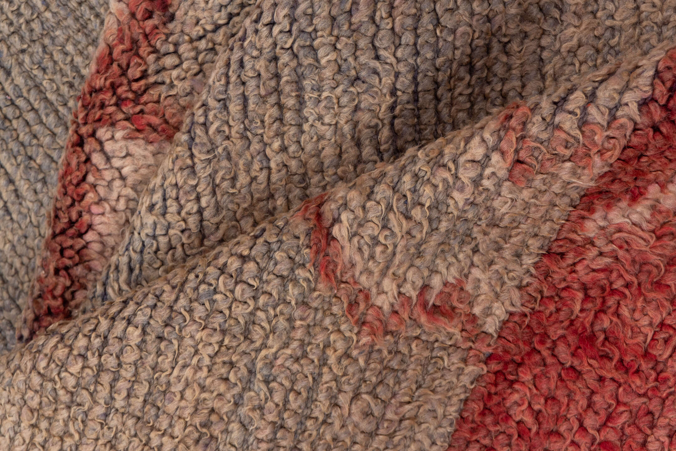 4' x 14' one-of-a-kind handmade vintage Moroccan runner rug. Color palette: brown, gray, off-white, pink, red, snow, white