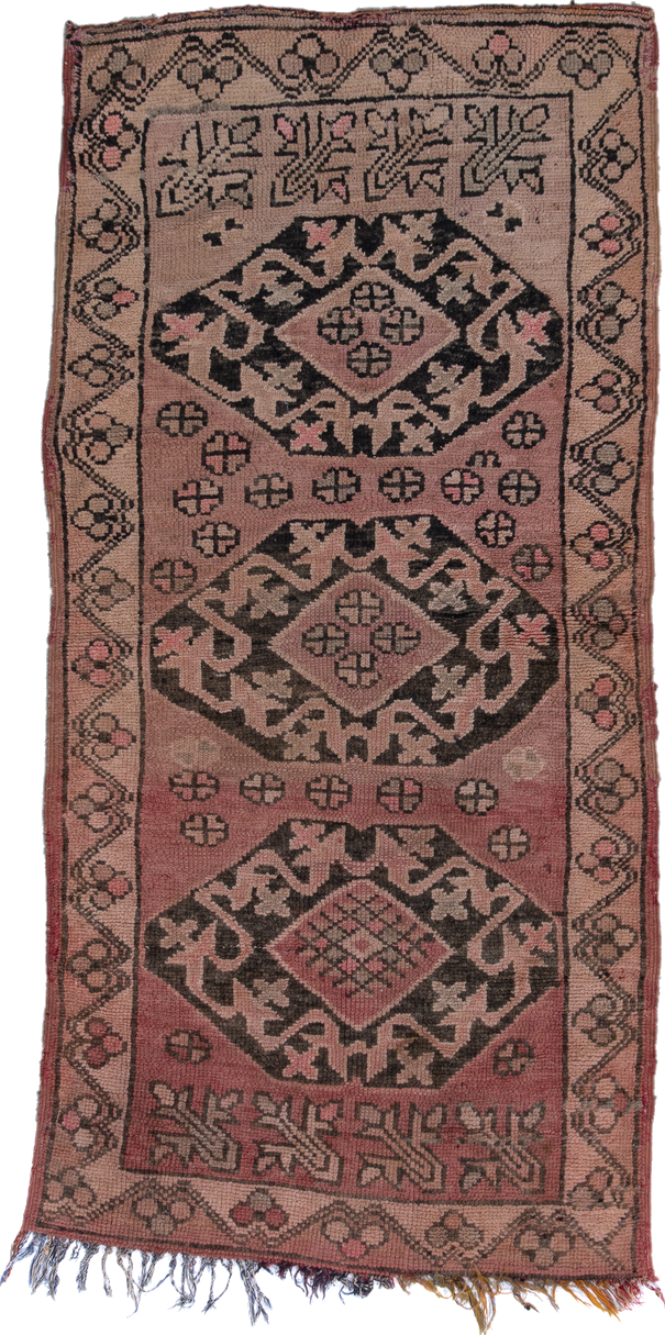 3' x 6' one-of-a-kind handmade vintage Moroccan runner rug. Color palette: black, brown, charcoal, gray, light blue, pink