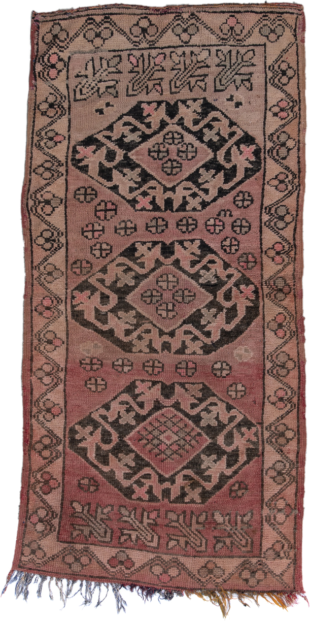 3' x 6' one-of-a-kind handmade vintage Moroccan runner rug. Color palette: rose, dusty pink, charcoal, taupe, mauve, brown