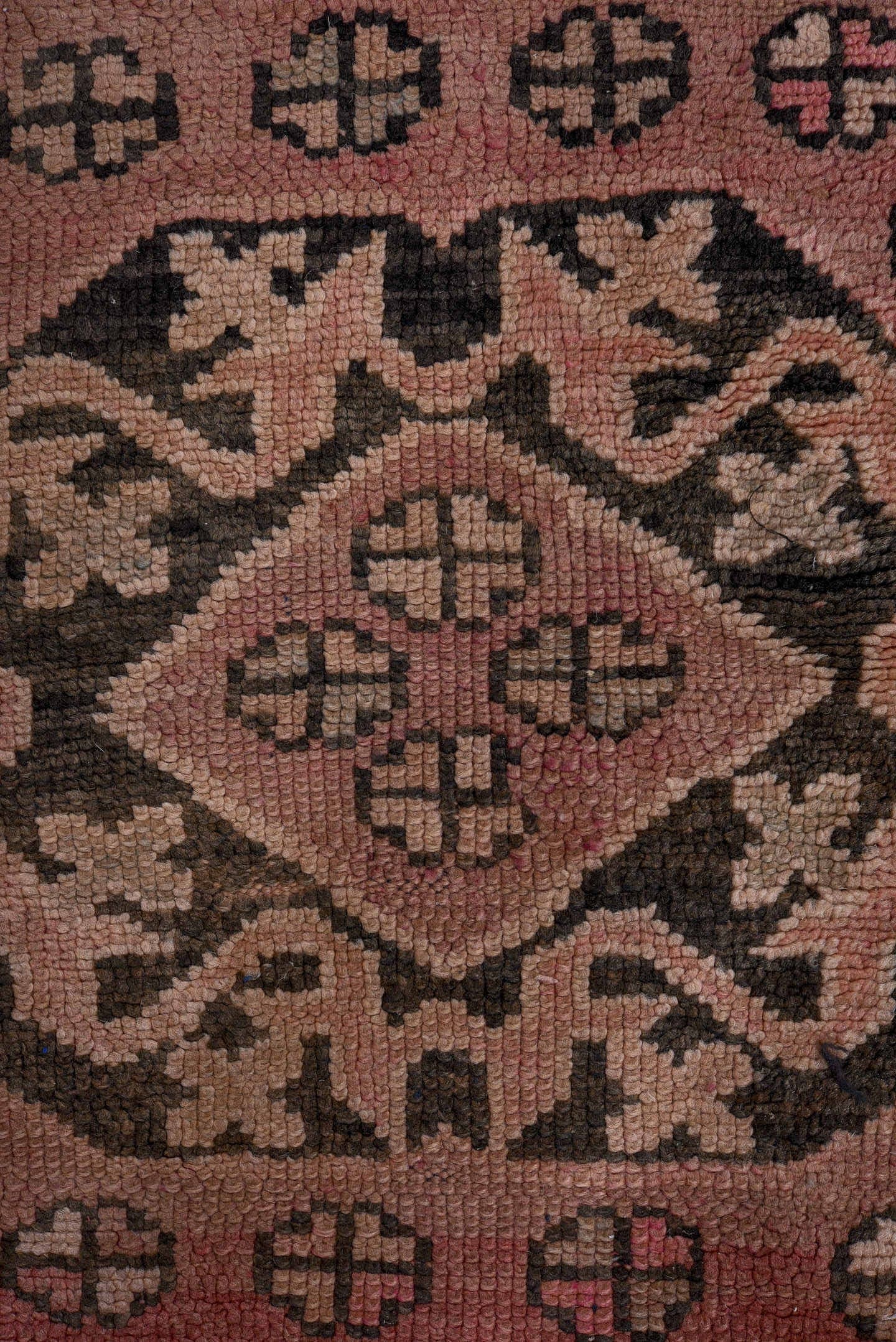 3' x 6' one-of-a-kind handmade vintage Moroccan runner rug. Color palette: rose, dusty pink, charcoal, taupe, mauve, brown