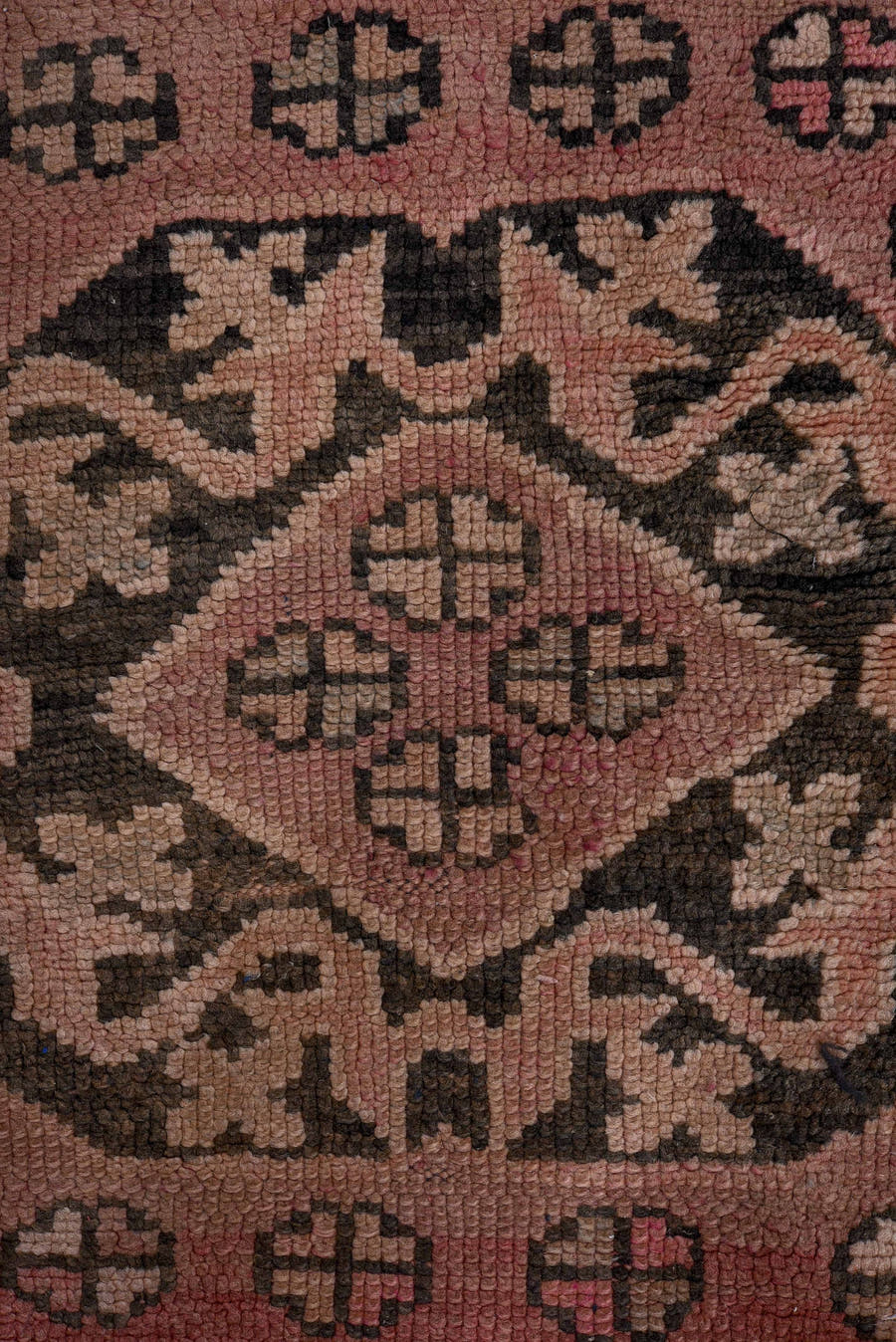 3' x 6' one-of-a-kind handmade vintage Moroccan runner rug. Color palette: rose, dusty pink, charcoal, taupe, mauve, brown