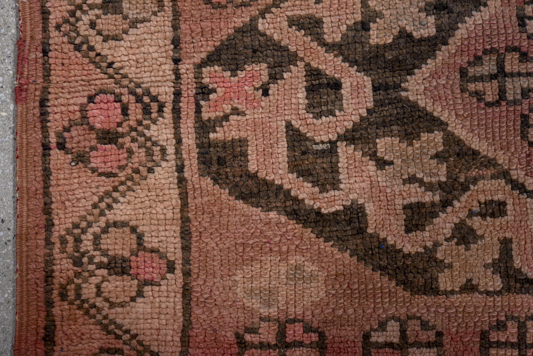 3' x 6' one-of-a-kind handmade vintage Moroccan runner rug. Color palette: rose, dusty pink, charcoal, taupe, mauve, brown