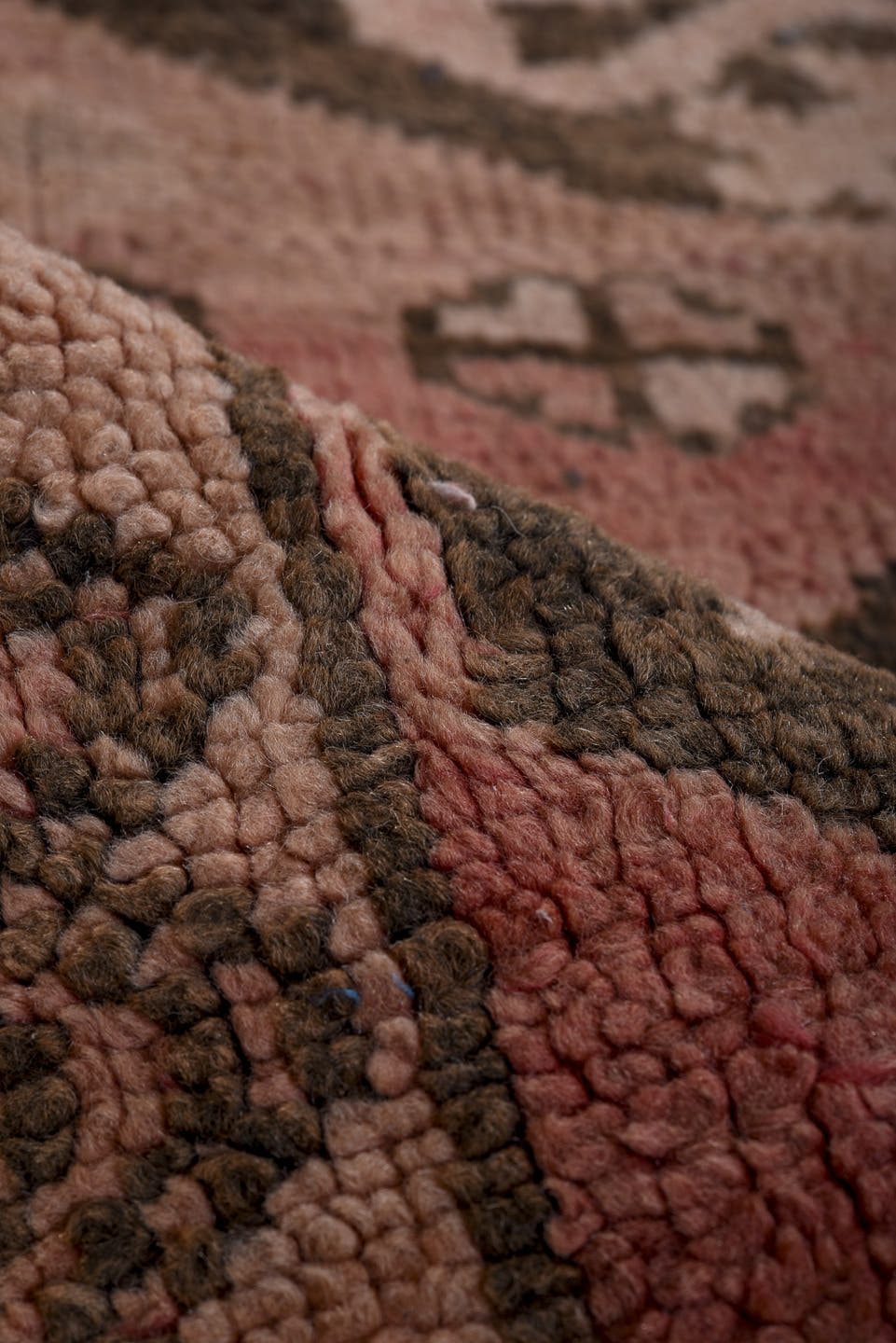 3' x 6' one-of-a-kind handmade vintage Moroccan runner rug. Color palette: rose, dusty pink, charcoal, taupe, mauve, brown