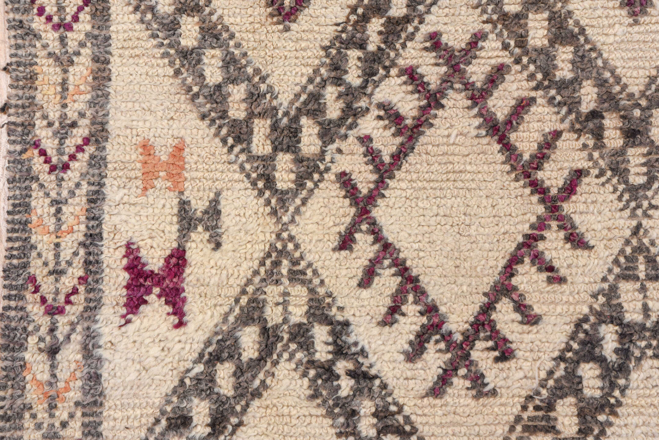 6' x 11' one-of-a-kind handmade vintage Moroccan large size rug. Color palette: ivory, charcoal, plum, taupe, saffron, gray
