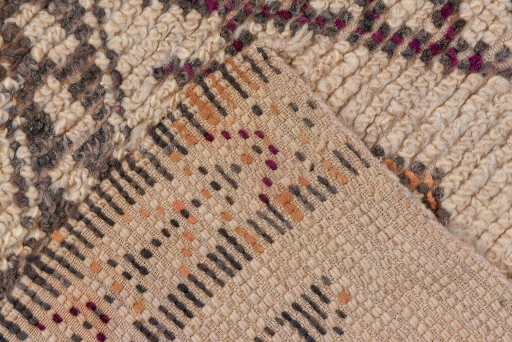 6' x 11' one-of-a-kind handmade vintage Moroccan large size rug. Color palette: ivory, charcoal, plum, taupe, saffron, gray