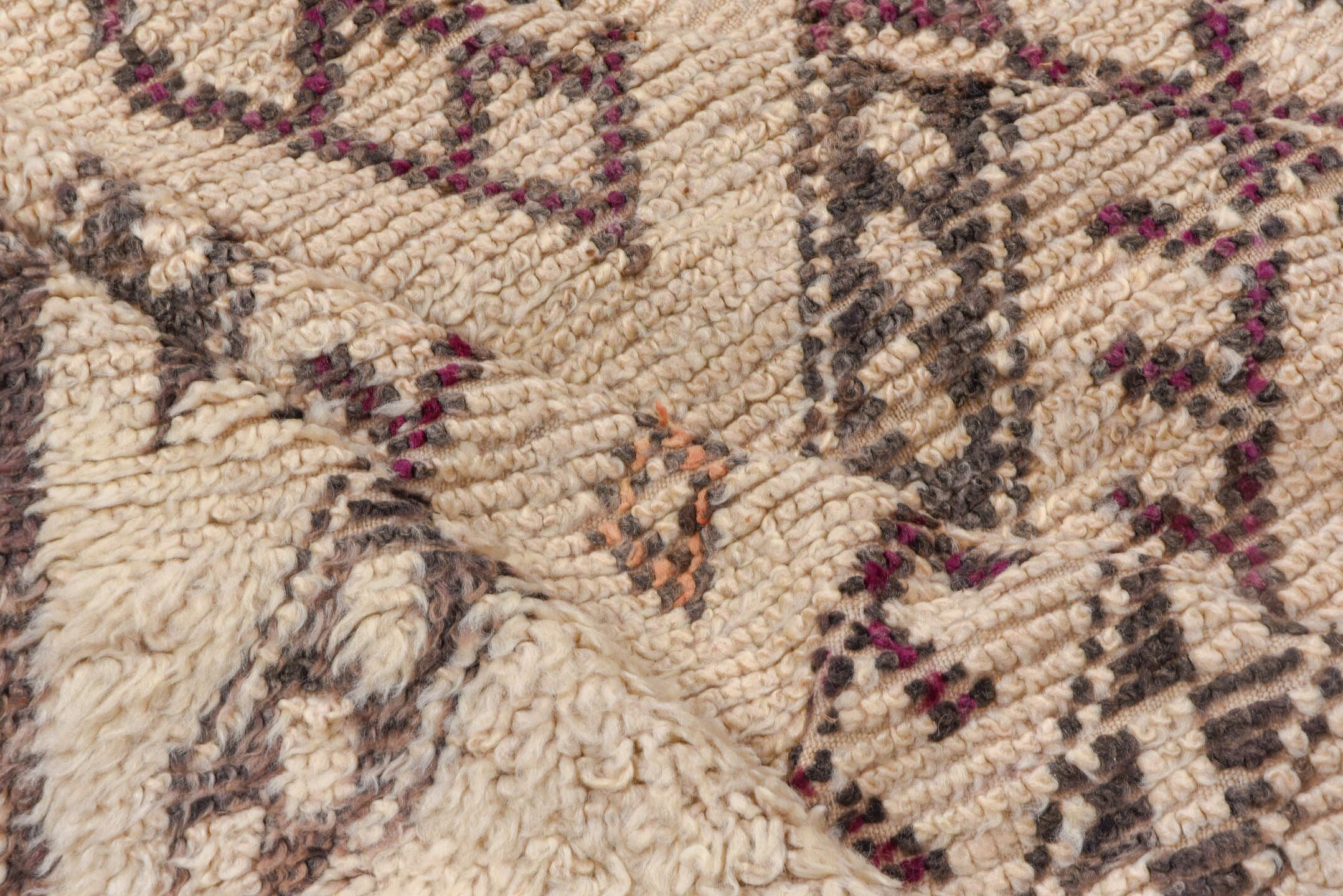 6' x 11' one-of-a-kind handmade vintage Moroccan large size rug. Color palette: ivory, charcoal, plum, taupe, saffron, gray