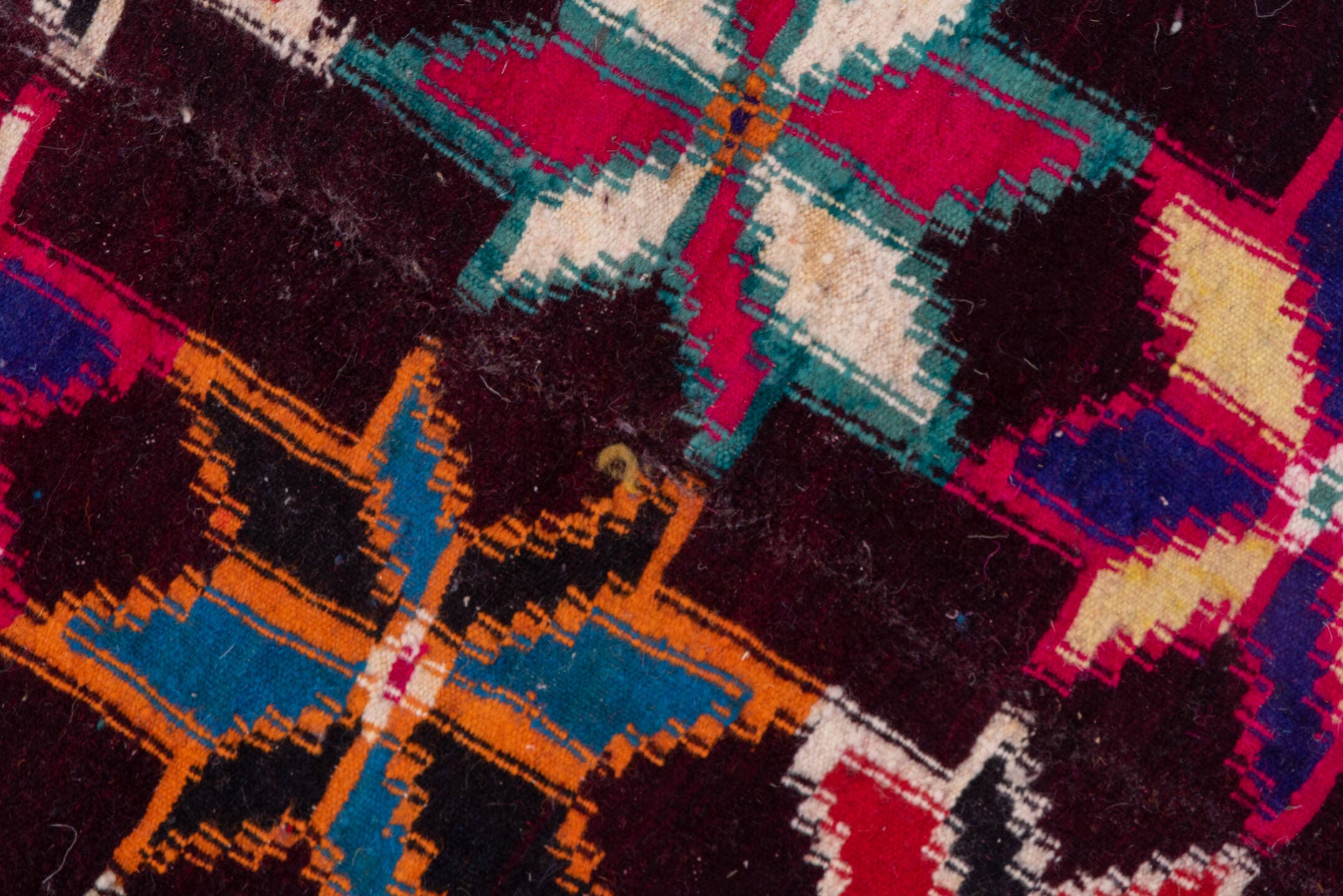 7' x 10' one-of-a-kind handmade vintage Kilim large size rug. Color palette: plum, crimson, orange, ivory, turquoise, cobalt