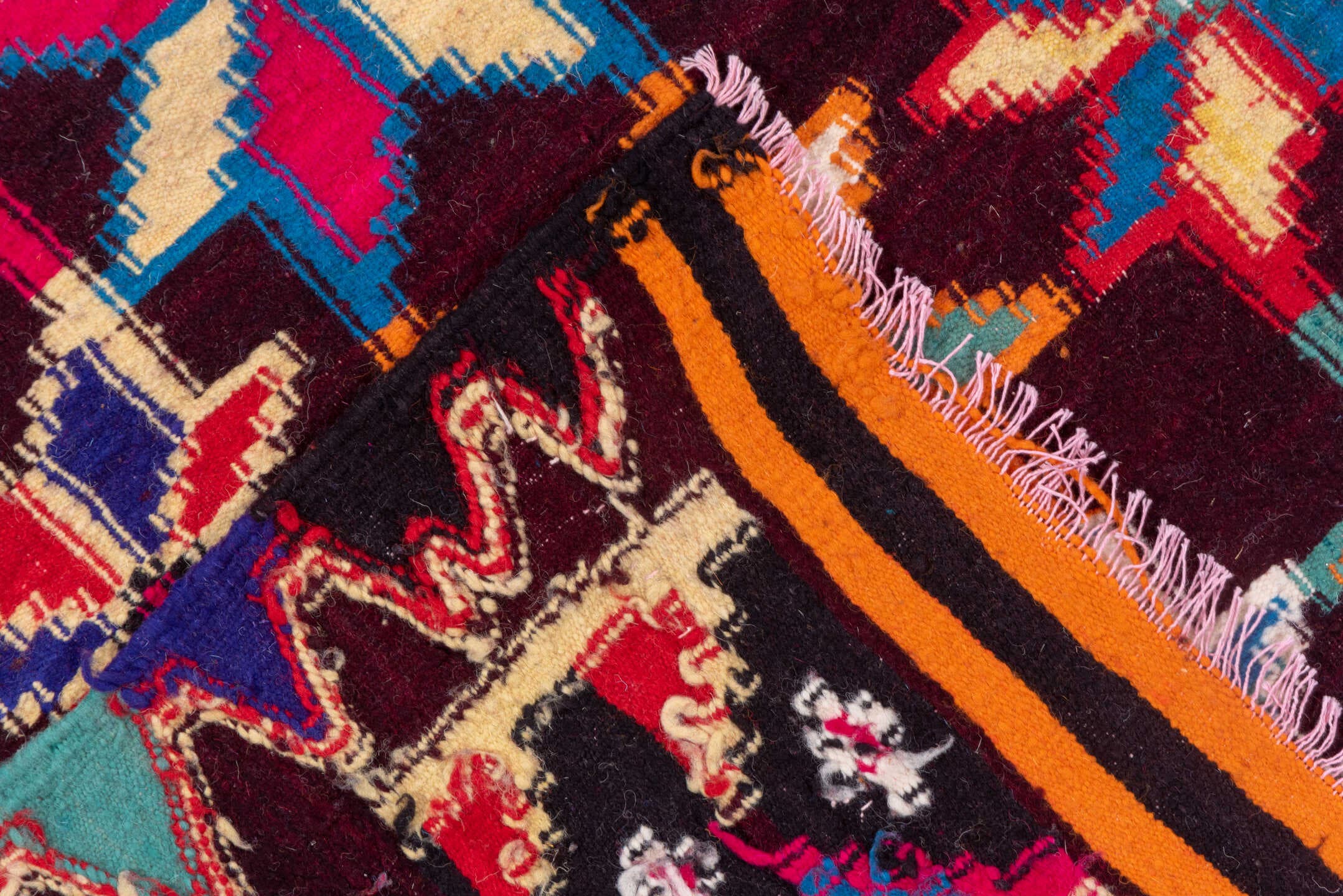 7' x 10' one-of-a-kind handmade vintage Kilim large size rug. Color palette: plum, crimson, orange, ivory, turquoise, cobalt