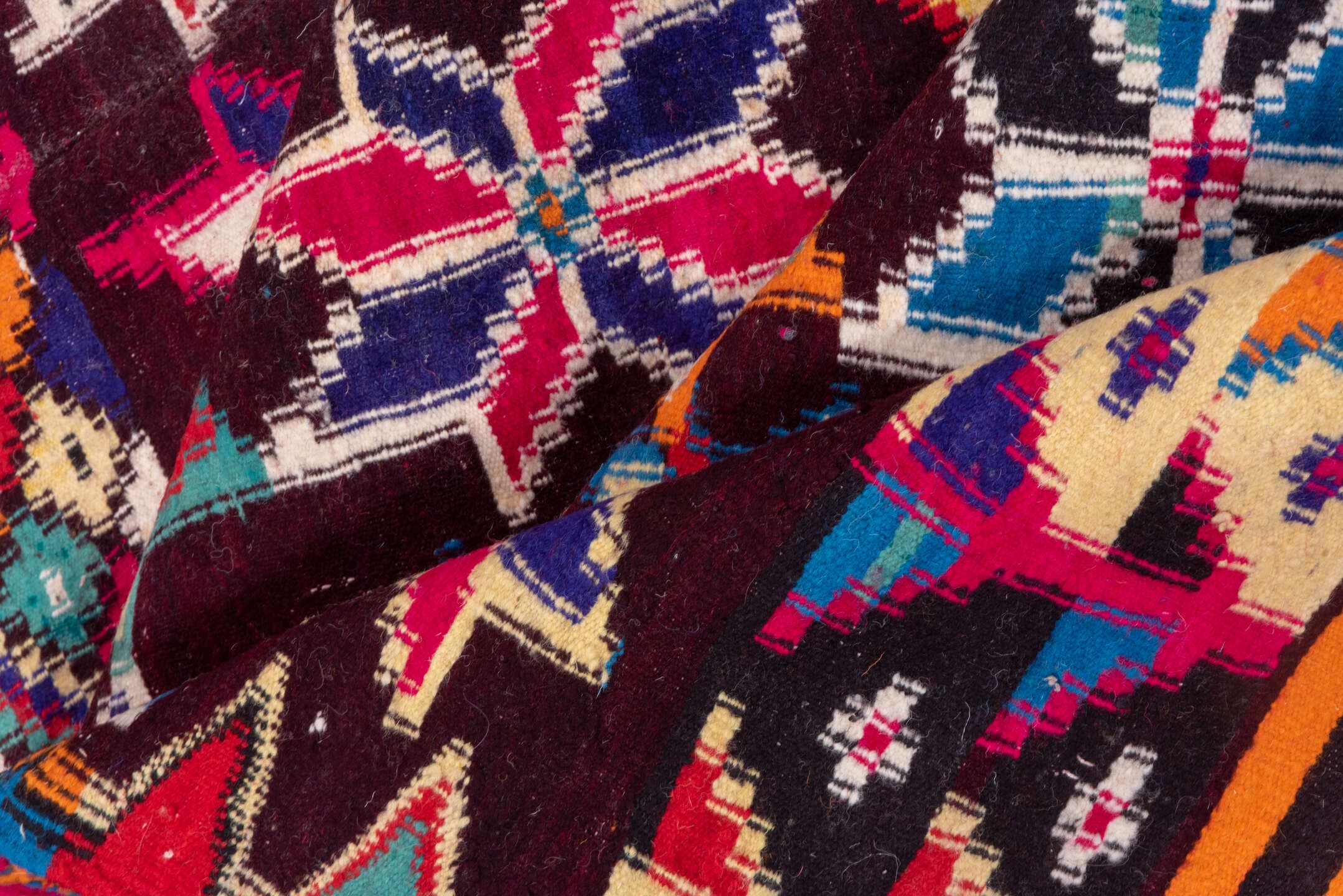7' x 10' one-of-a-kind handmade vintage Kilim large size rug. Color palette: plum, crimson, orange, ivory, turquoise, cobalt
