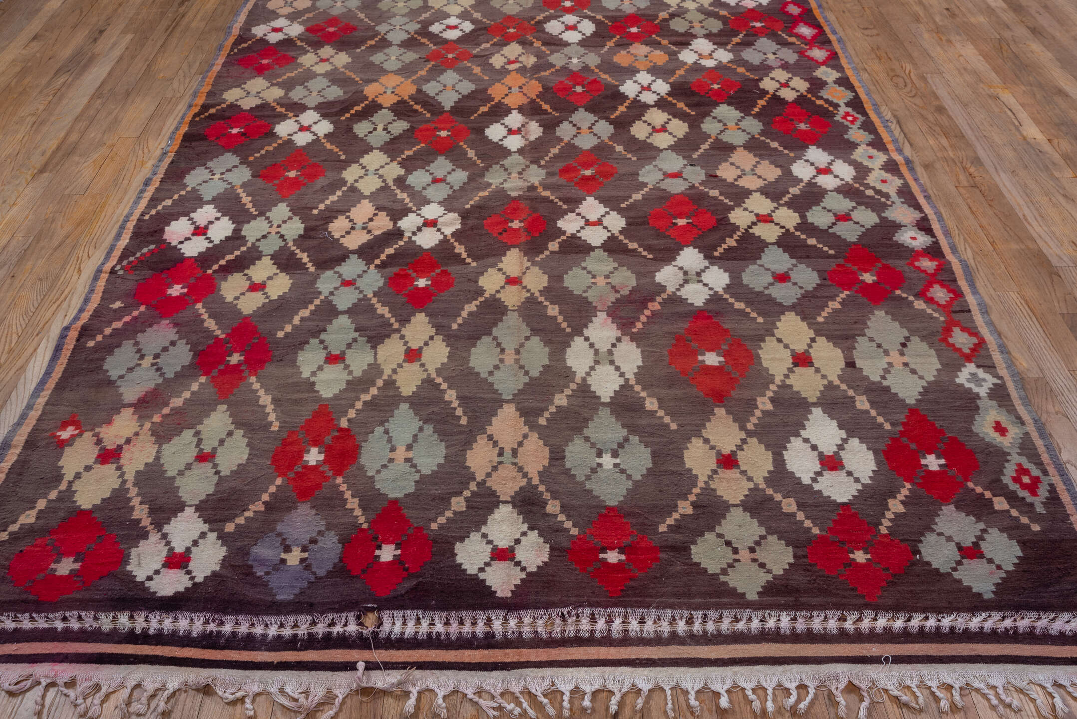 7' x 11' one-of-a-kind handmade vintage Kilim large size rug. Color palette: brown, gray, light gray, pink, red