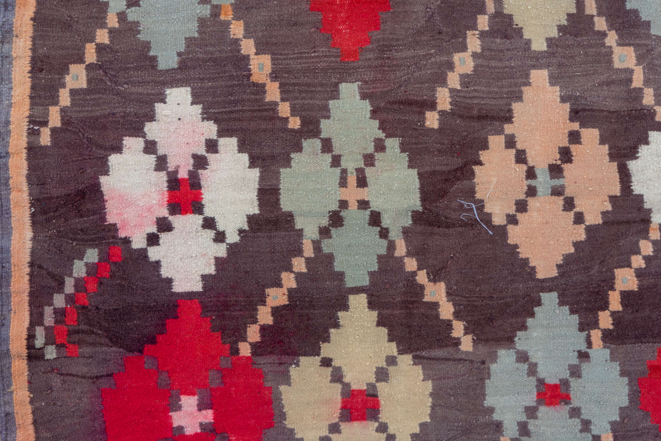 7' x 11' one-of-a-kind handmade vintage Kilim large size rug. Color palette: brown, gray, light gray, pink, red