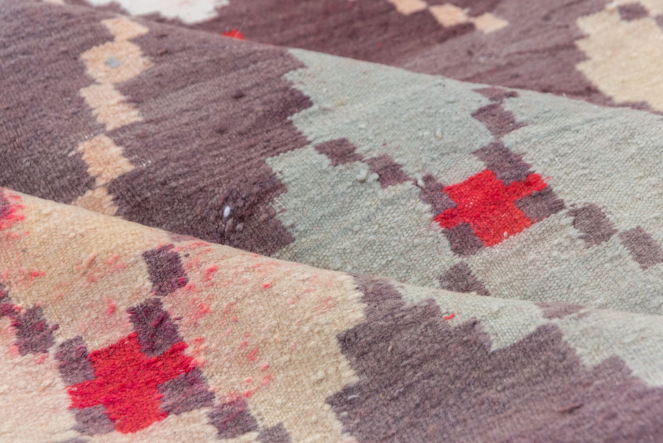 7' x 11' one-of-a-kind handmade vintage Kilim large size rug. Color palette: brown, red, ivory, gray, blush, taupe, pink