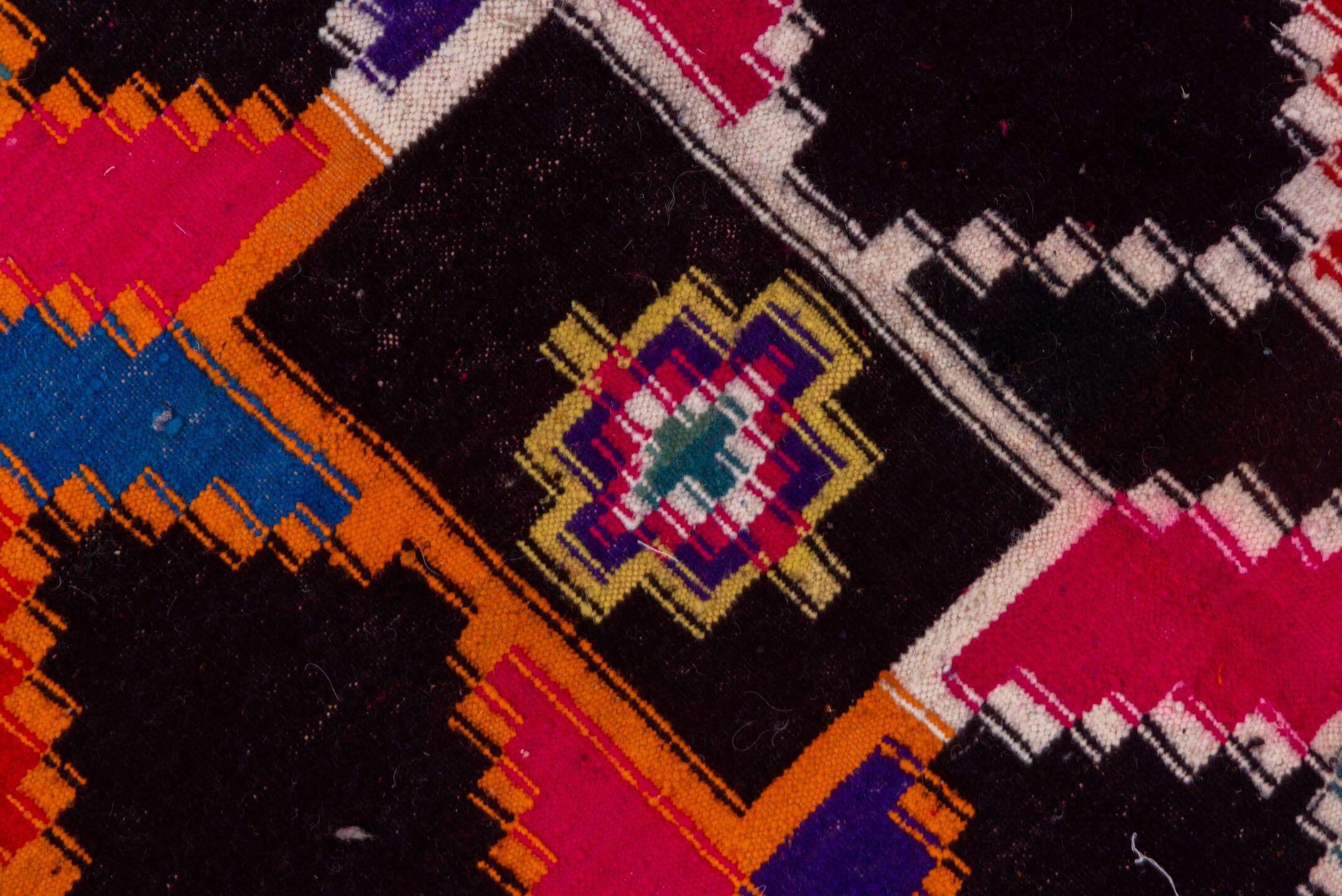 7' x 10' one-of-a-kind handmade vintage Kilim large size rug. Color palette: magenta, ebony, orange, ivory, cobalt