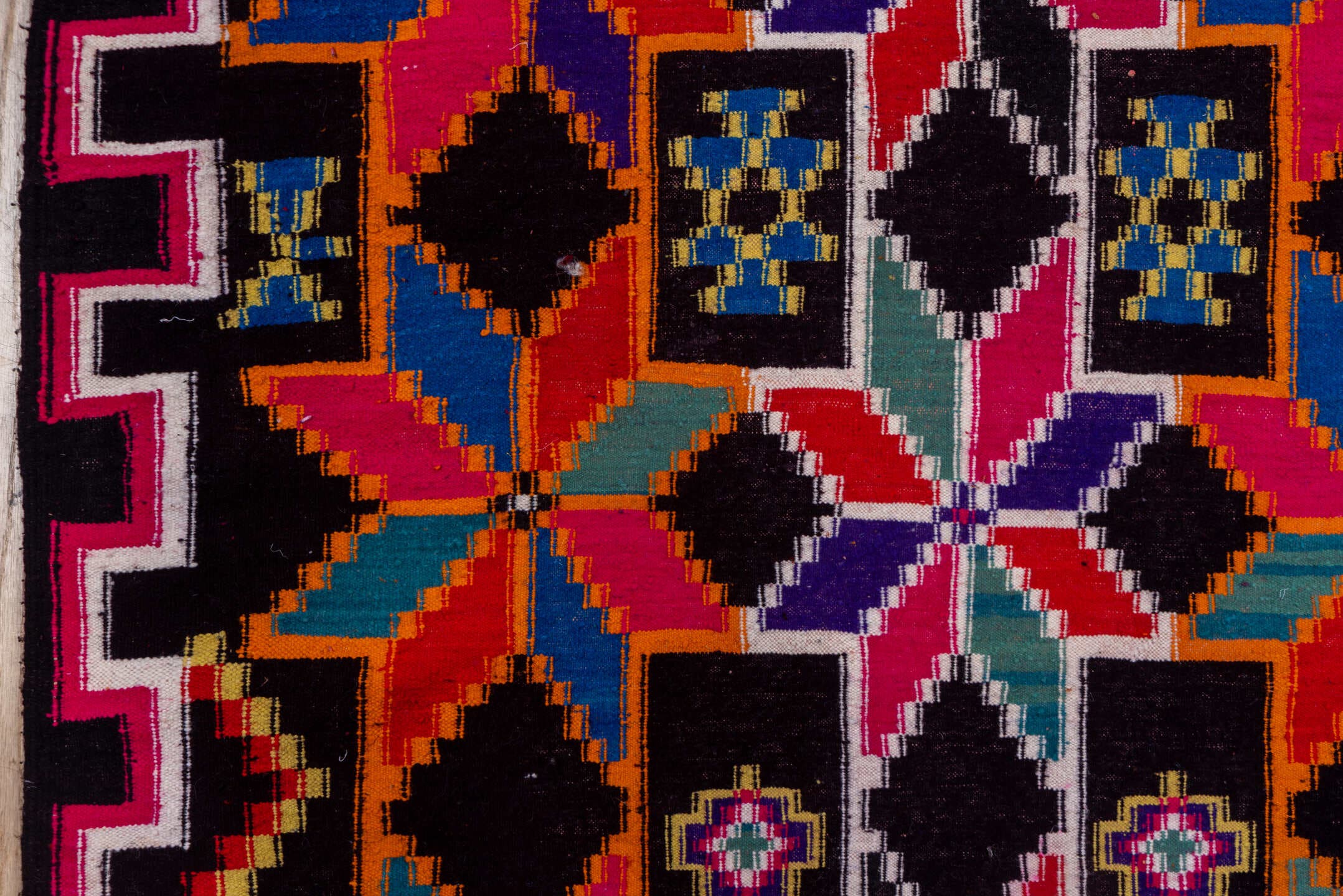 7' x 10' one-of-a-kind handmade vintage Kilim large size rug. Color palette: magenta, ebony, orange, ivory, cobalt