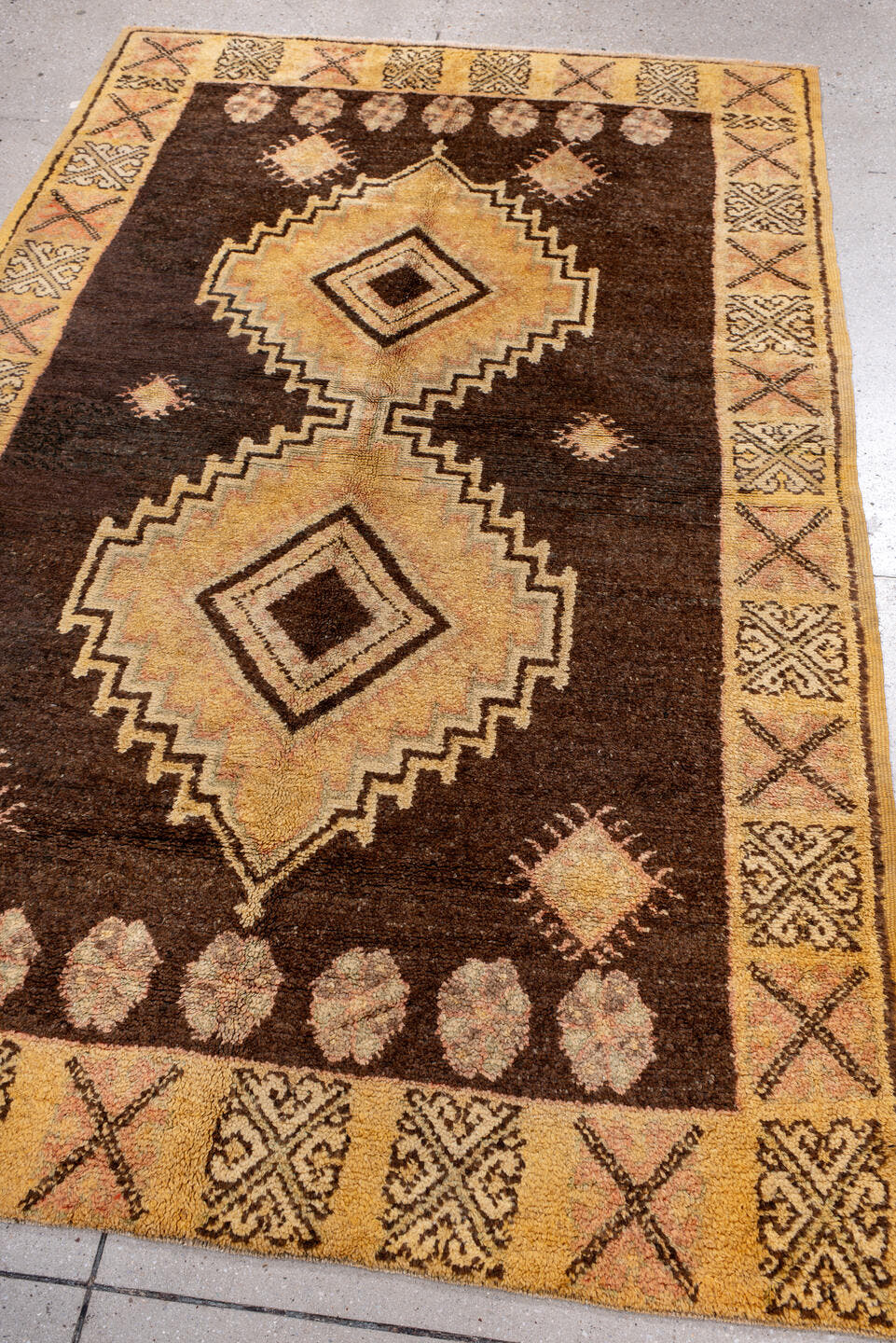 4' x 7' one-of-a-kind handmade vintage Moroccan rug. Color palette: brown, gold, camel, ivory, blush, charcoal, beige, pink