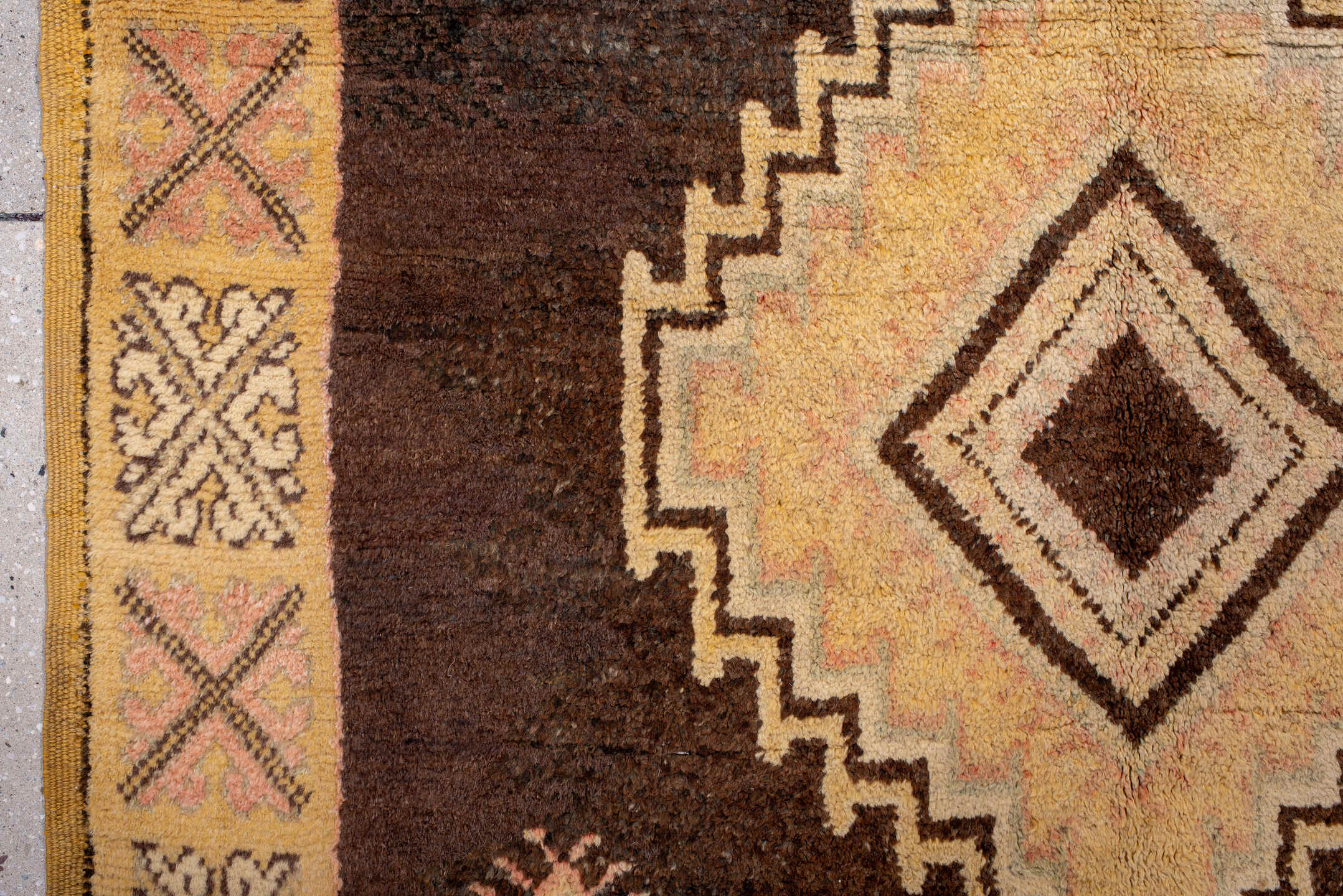 4' x 7' one-of-a-kind handmade vintage Moroccan rug. Color palette: brown, gold, camel, ivory, blush, charcoal, beige, pink