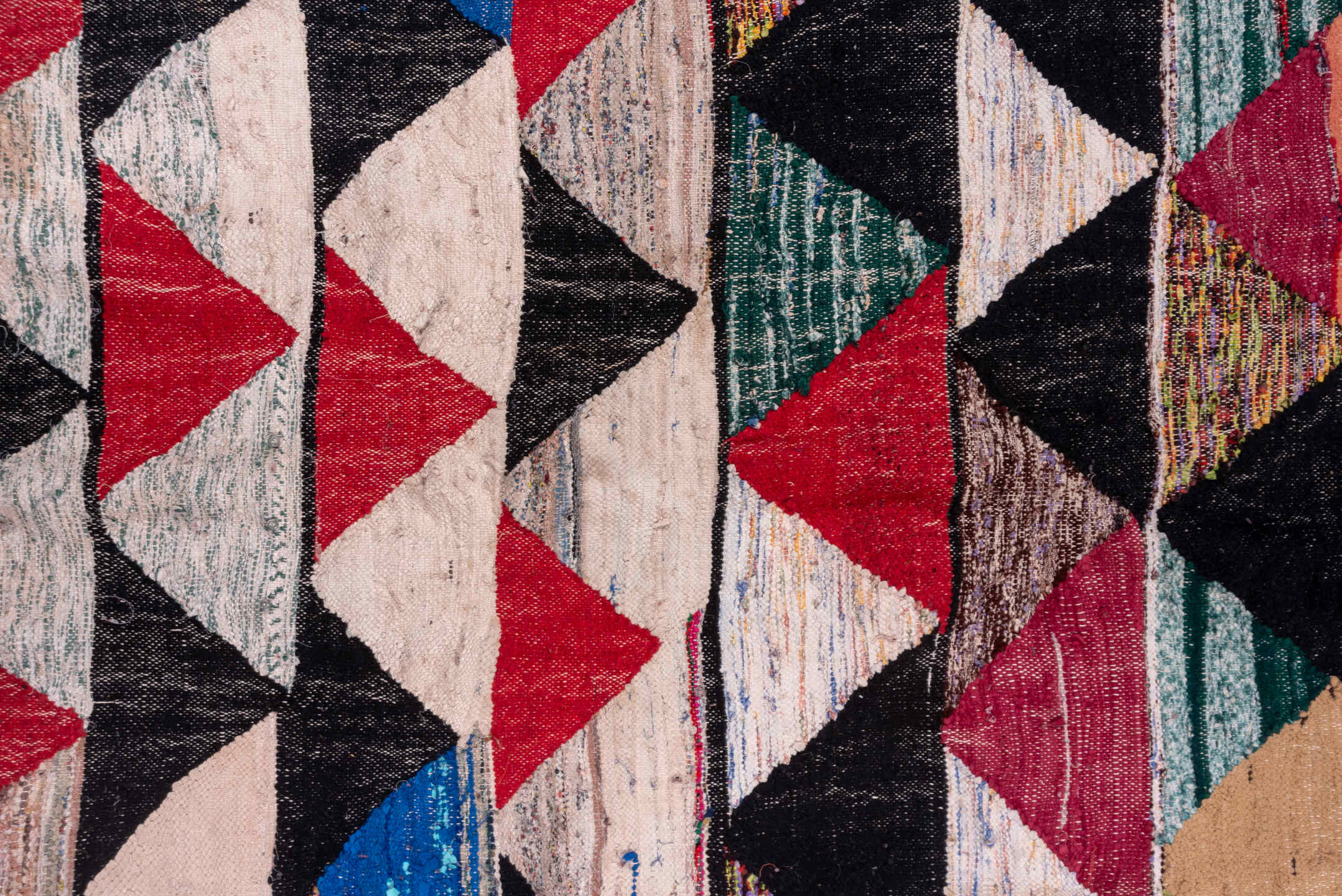 5' x 8' one-of-a-kind handmade vintage Rag Rug medium size rug. Color palette: black, blue, brown, charcoal, dim gray, gray