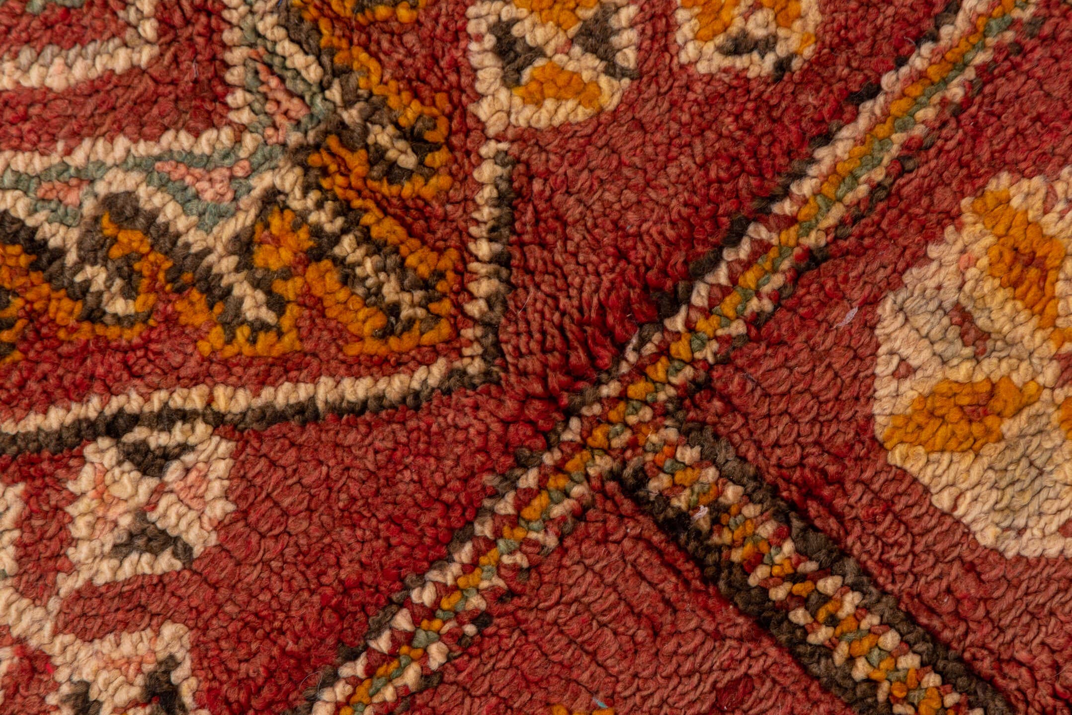 6' x 10' one-of-a-kind handmade vintage Moroccan large size rug. Color palette: terra cotta, rust, rose, ivory, gold, sienna