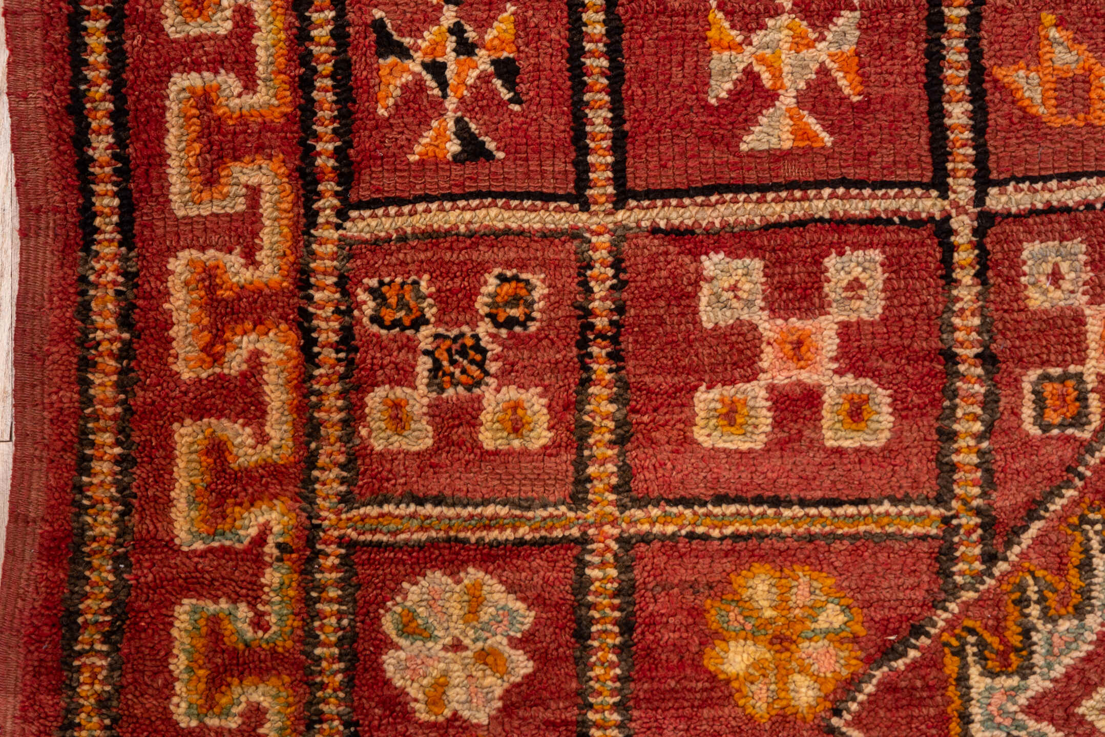 6' x 10' one-of-a-kind handmade vintage Moroccan large size rug. Color palette: terra cotta, rust, rose, ivory, gold, sienna