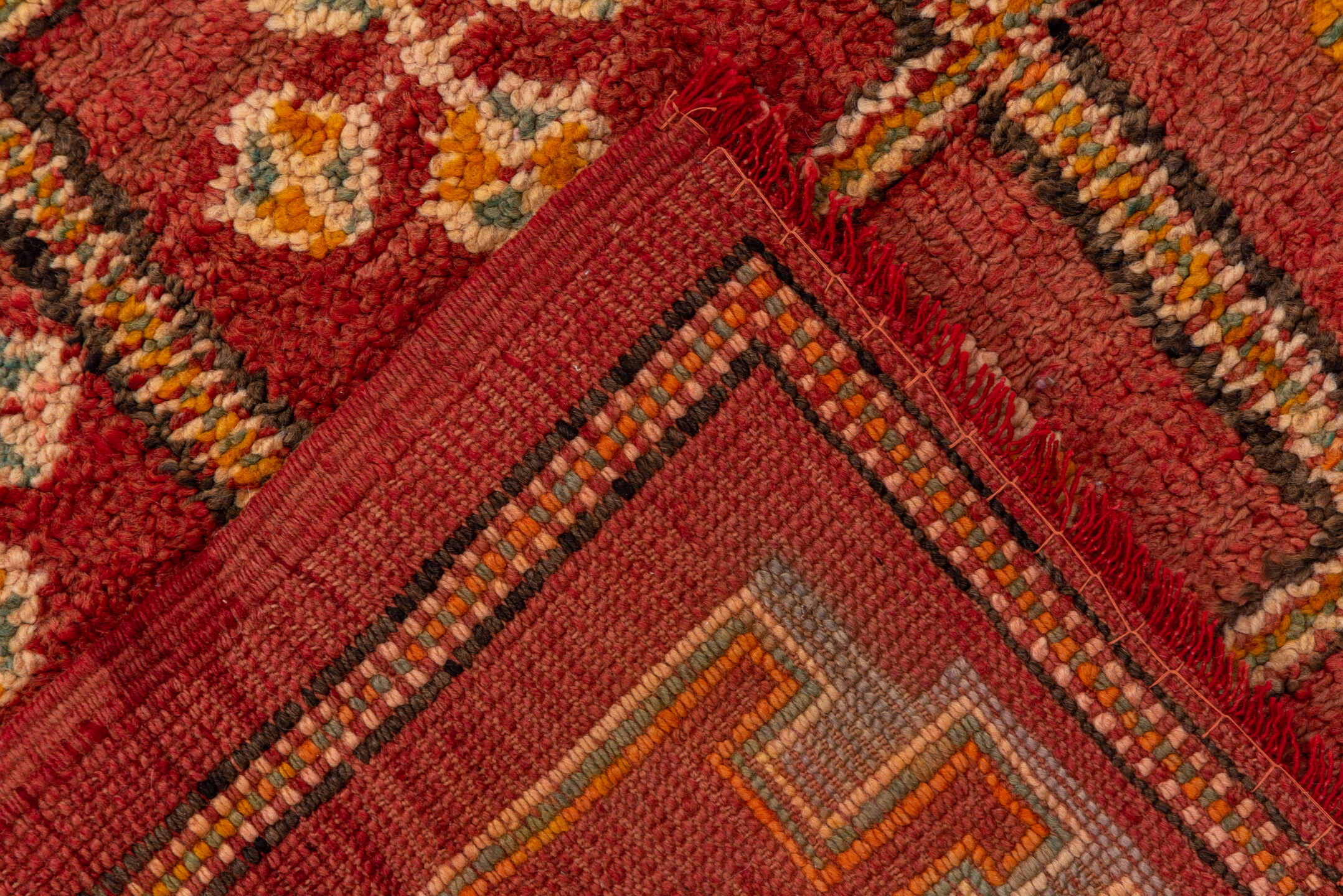 6' x 10' one-of-a-kind handmade vintage Moroccan large size rug. Color palette: terra cotta, rust, rose, ivory, gold, sienna