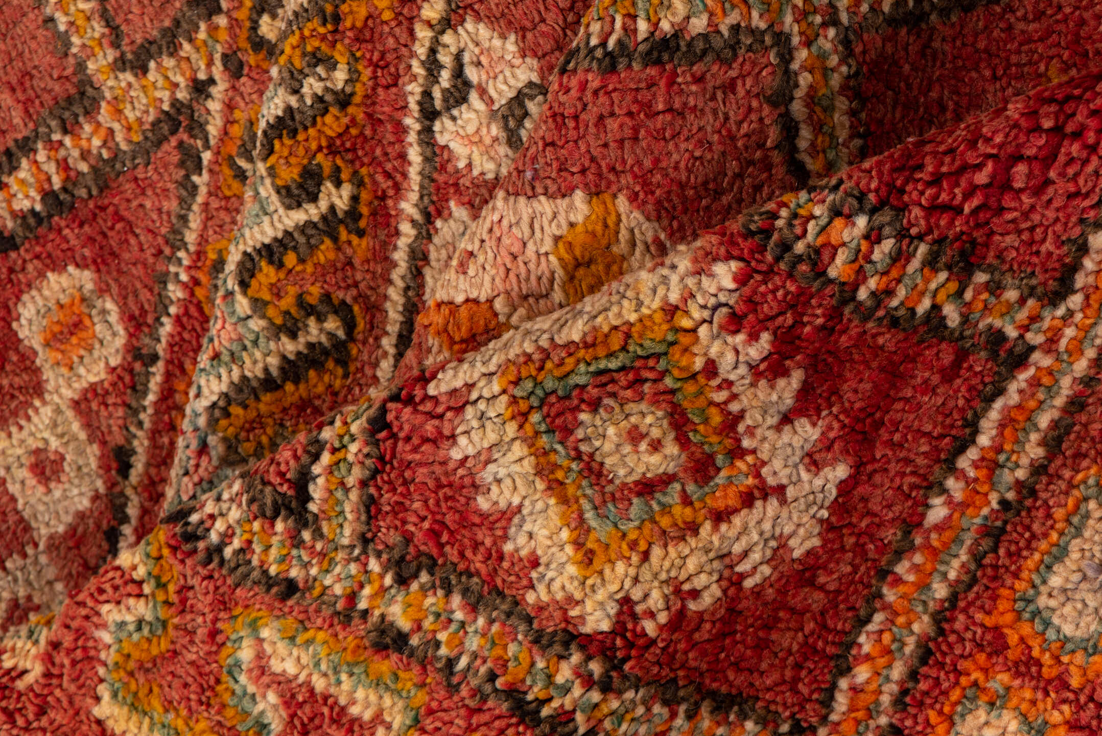6' x 10' one-of-a-kind handmade vintage Moroccan large size rug. Color palette: terra cotta, rust, rose, ivory, gold, sienna