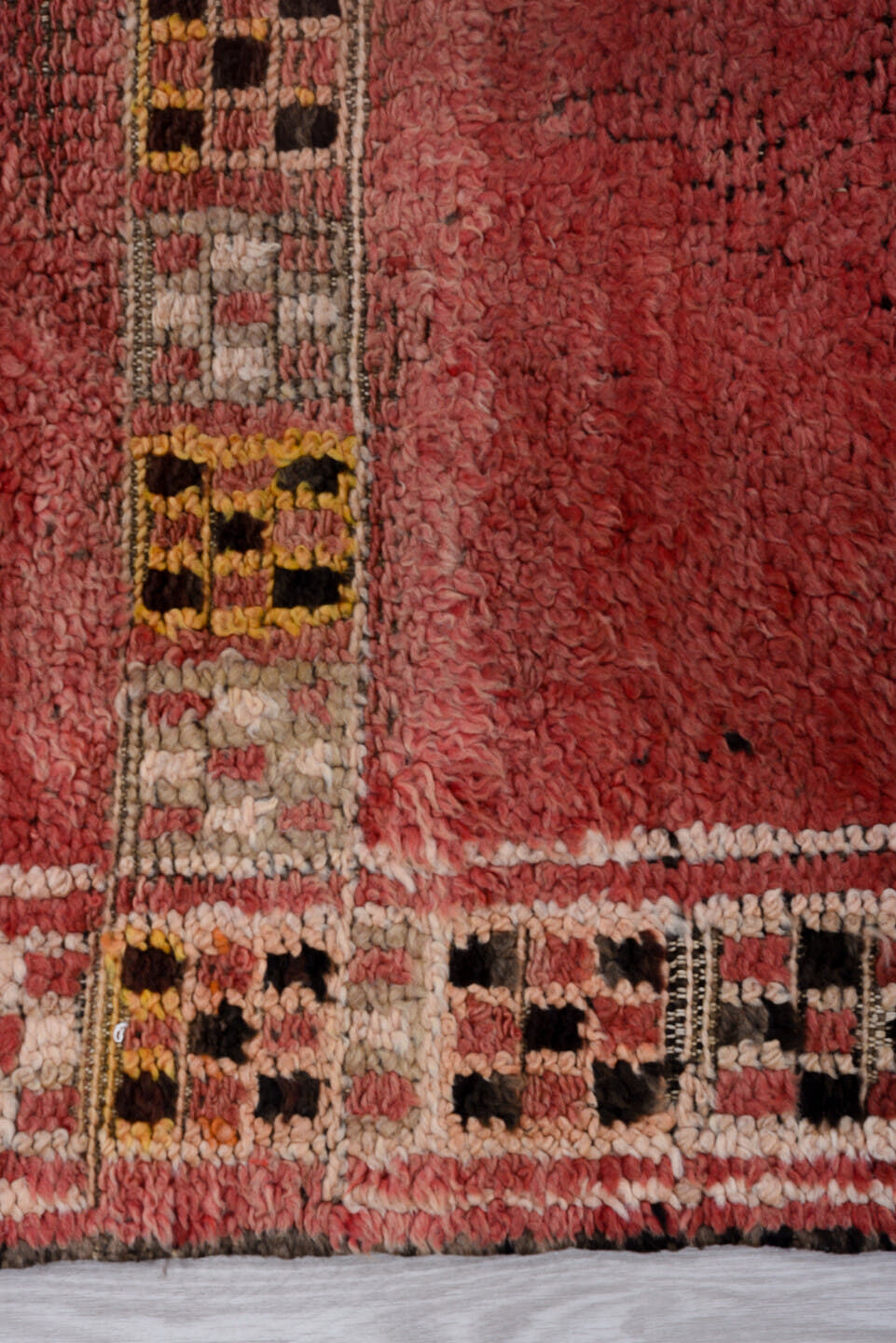 6' x 7' one-of-a-kind handmade vintage Moroccan rug. Color palette: rose, dusty pink, ivory, gold, black, burgundy, pink