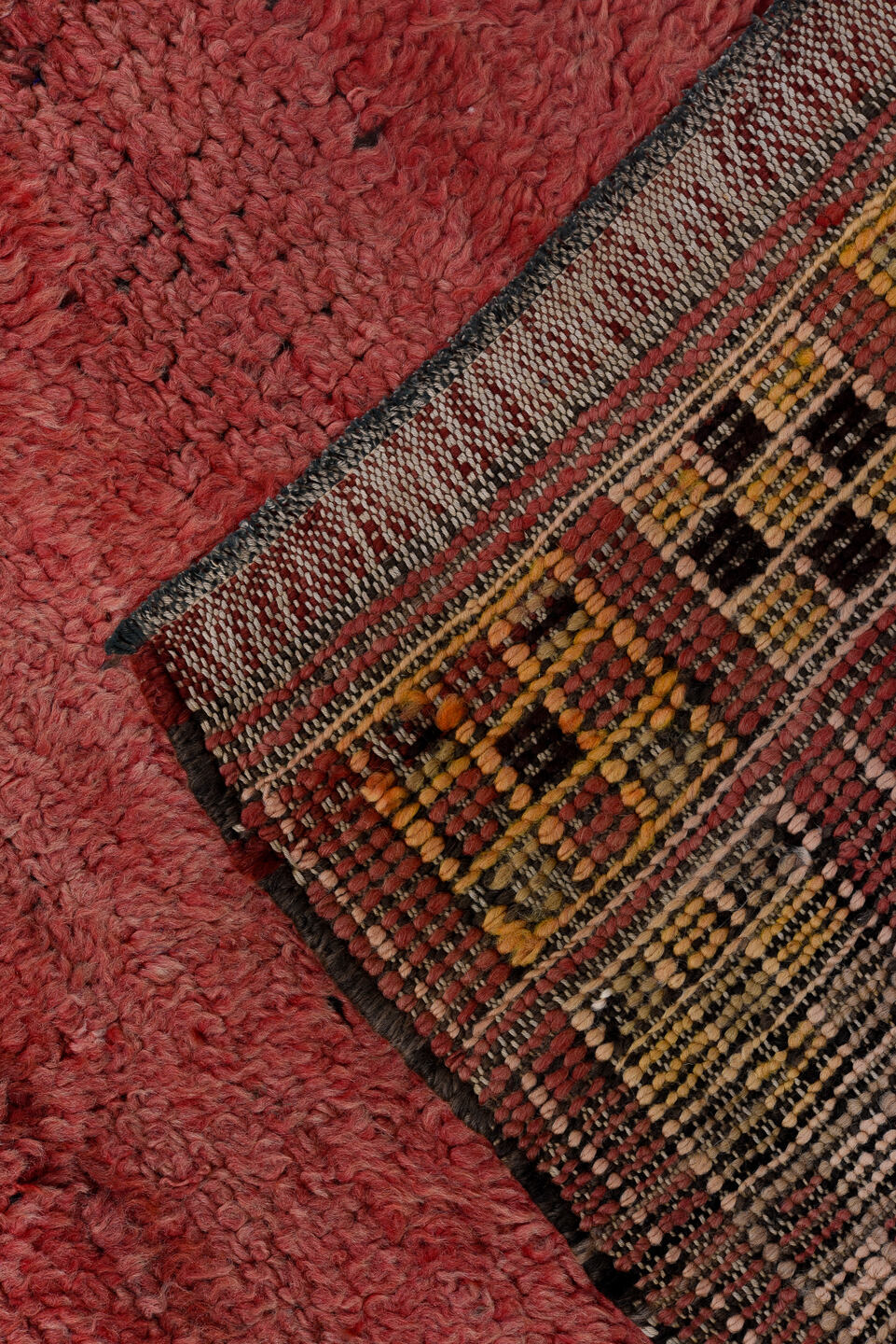 6' x 7' one-of-a-kind handmade vintage Moroccan rug. Color palette: black, brown, gray, light gray, pink, red