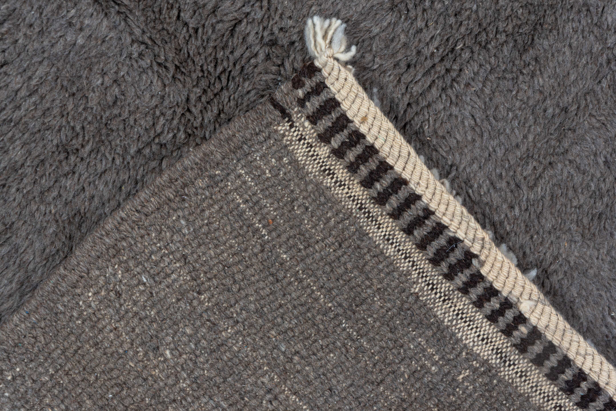 9' x 9' one-of-a-kind handmade vintage Moroccan rug. Color palette: taupe, charcoal, ivory, beige, gray, black