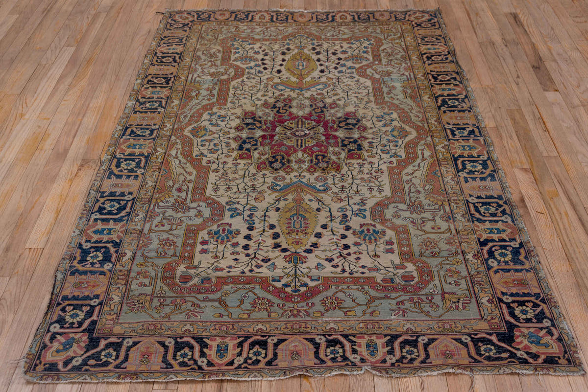 4' x 6' one-of-a-kind handmade antique Mohtasham Kashan small size rug. Color palette: ivory, navy, camel, burgundy, gold