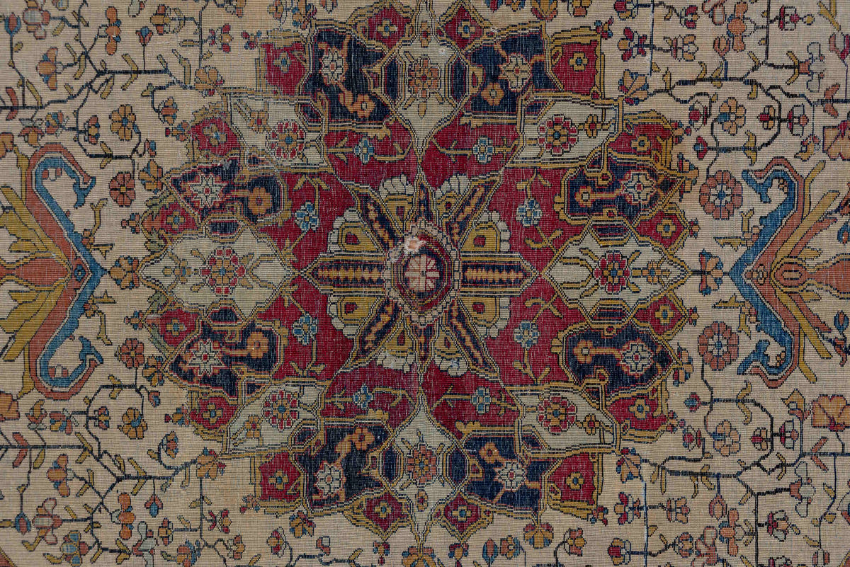 4' x 6' one-of-a-kind handmade antique Mohtasham Kashan small size rug. Color palette: ivory, navy, camel, burgundy, gold