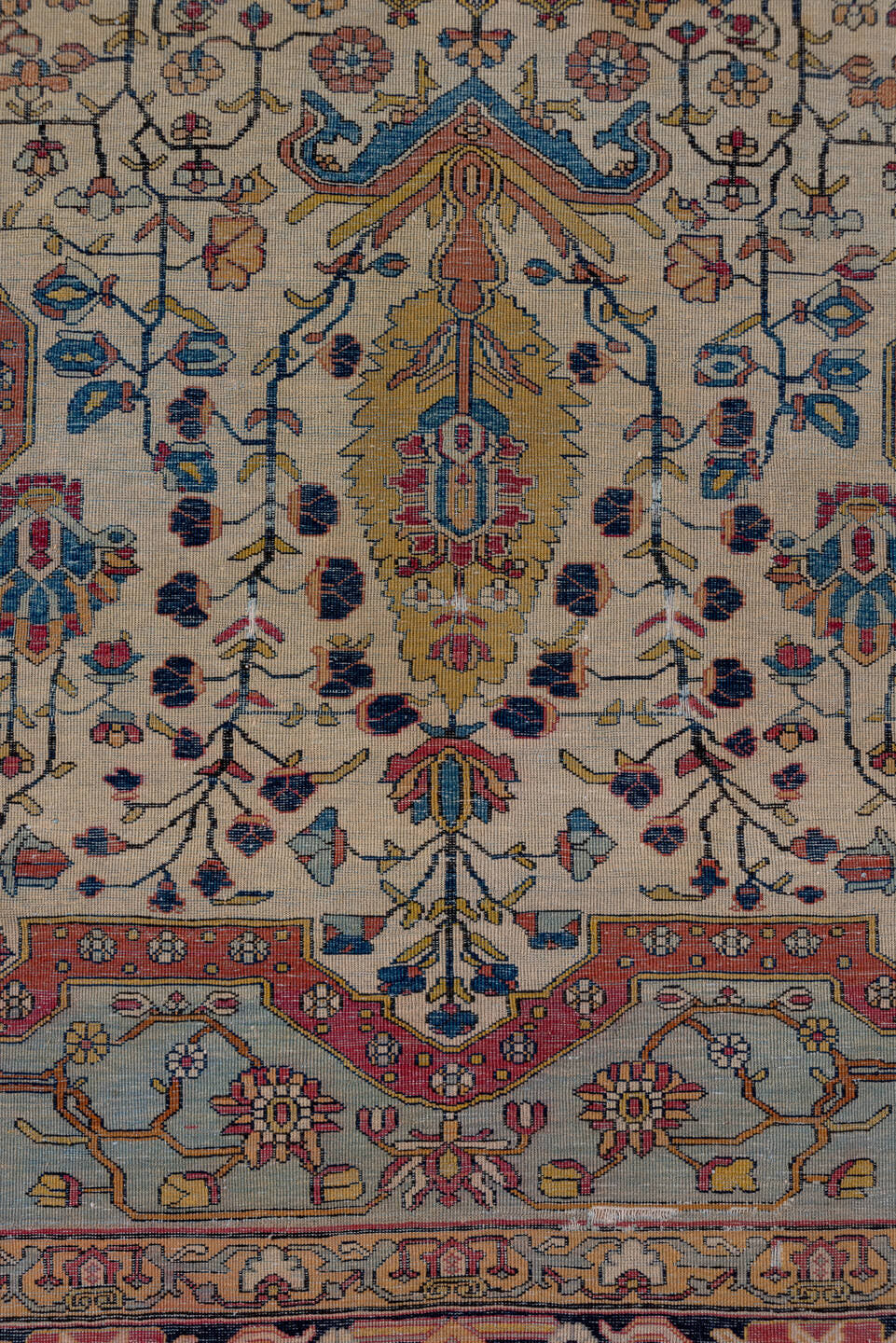 4' x 6' one-of-a-kind handmade antique Mohtasham Kashan small size rug. Color palette: ivory, navy, camel, burgundy, gold