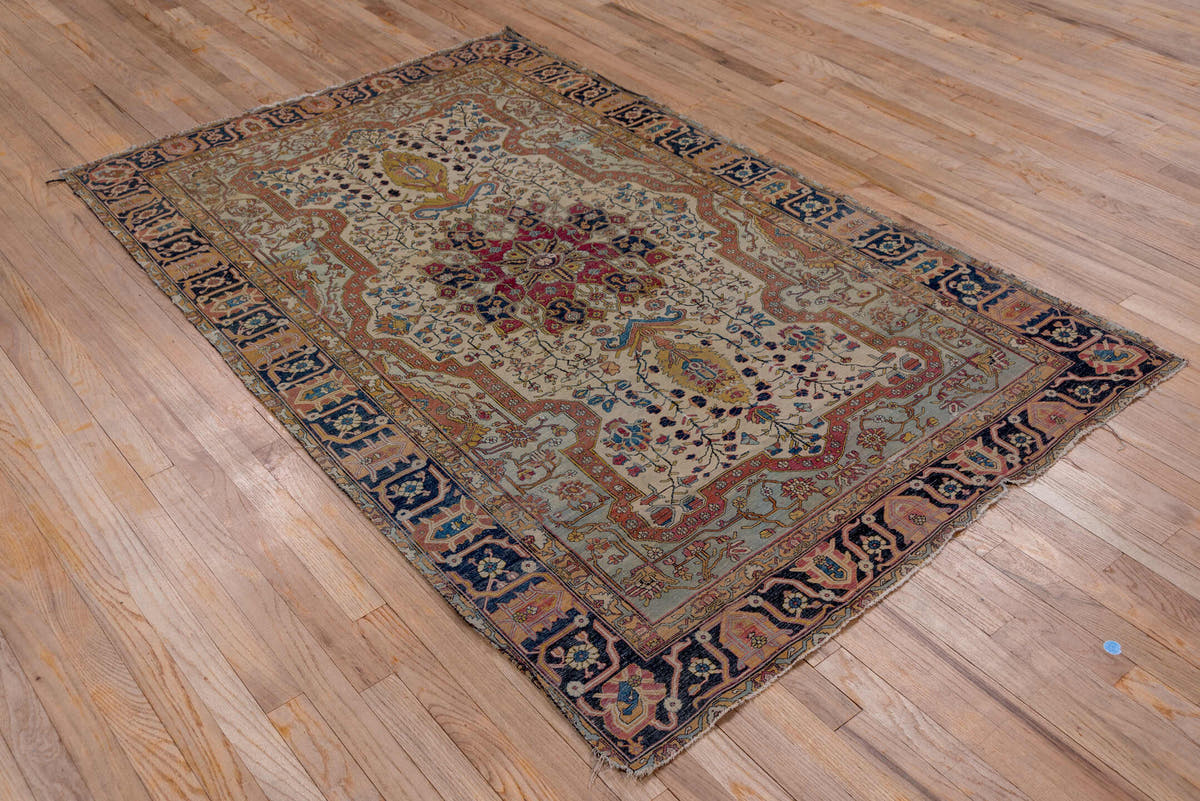 4' x 6' one-of-a-kind handmade antique Mohtasham Kashan small size rug. Color palette: ivory, navy, camel, burgundy, gold