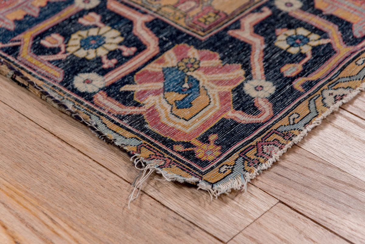 4' x 6' one-of-a-kind handmade antique Mohtasham Kashan small size rug. Color palette: ivory, navy, camel, burgundy, gold