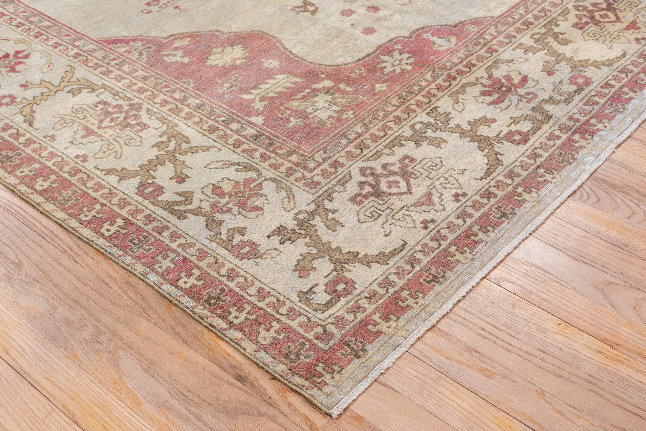 9' x 11' one-of-a-kind handmade antique Amritzar large size rug. Color palette: ivory, rose, taupe, dusty pink, beige, sage