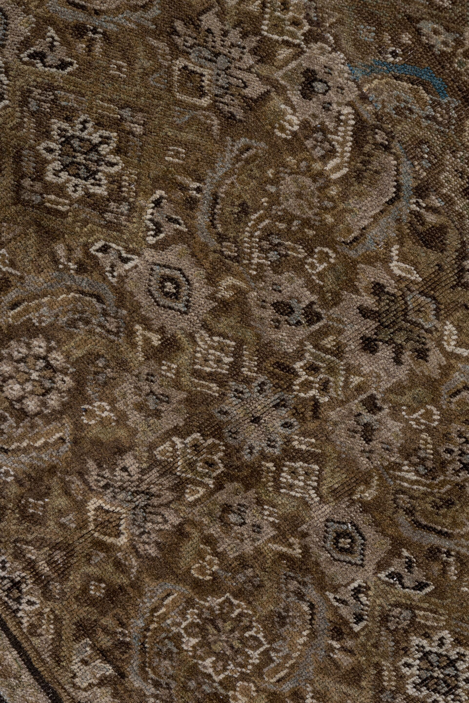 6' x 7' one-of-a-kind handmade antique Karabagh rug. Color palette: taupe, brown, ivory, slate, camel, charcoal, pale blue