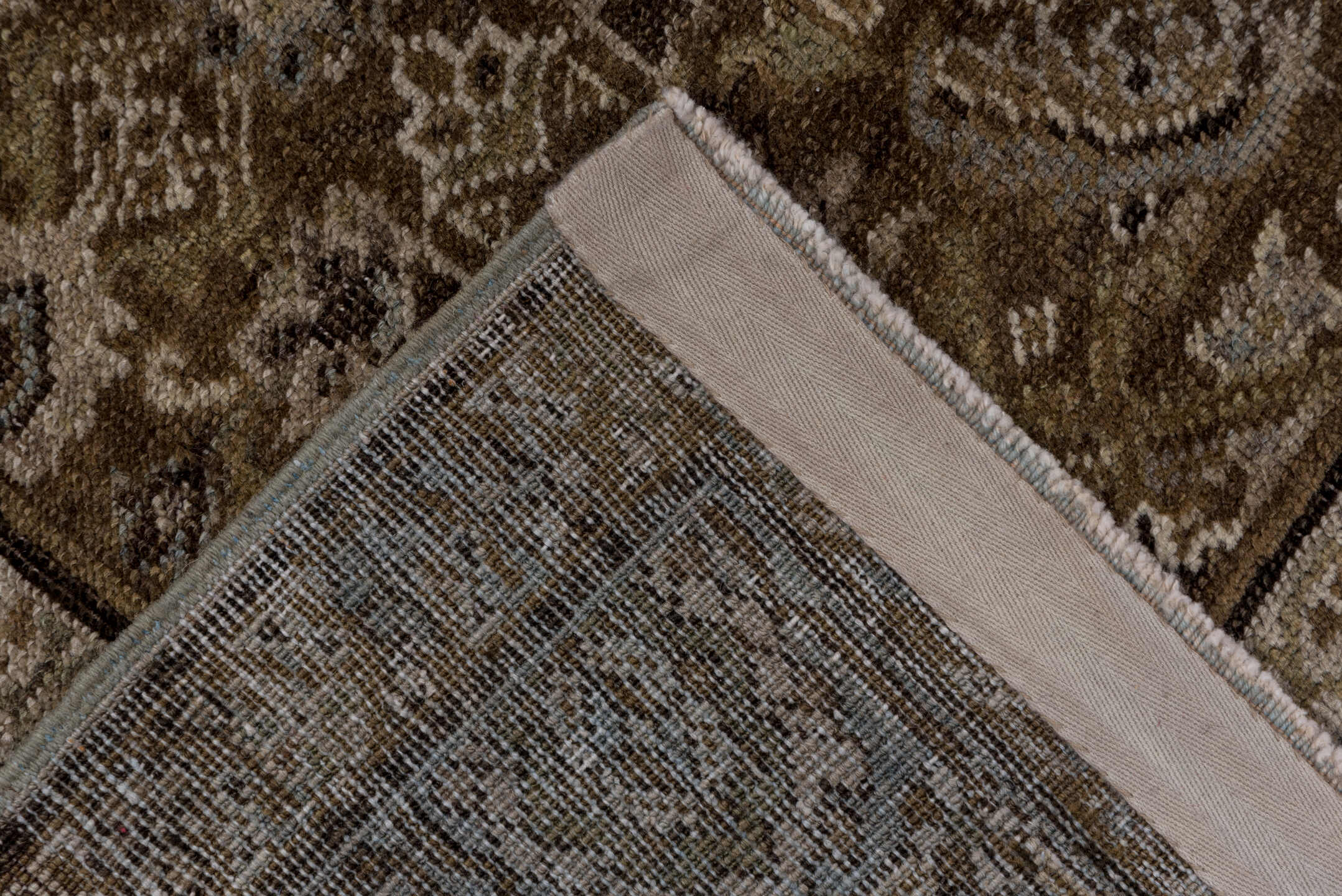 6' x 7' one-of-a-kind handmade antique Karabagh rug. Color palette: taupe, brown, ivory, slate, camel, charcoal, pale blue