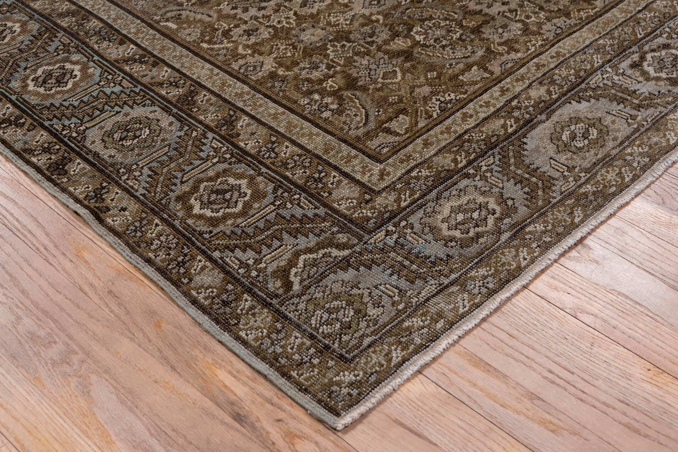 6' x 7' one-of-a-kind handmade antique Karabagh rug. Color palette: taupe, brown, ivory, slate, camel, charcoal, pale blue