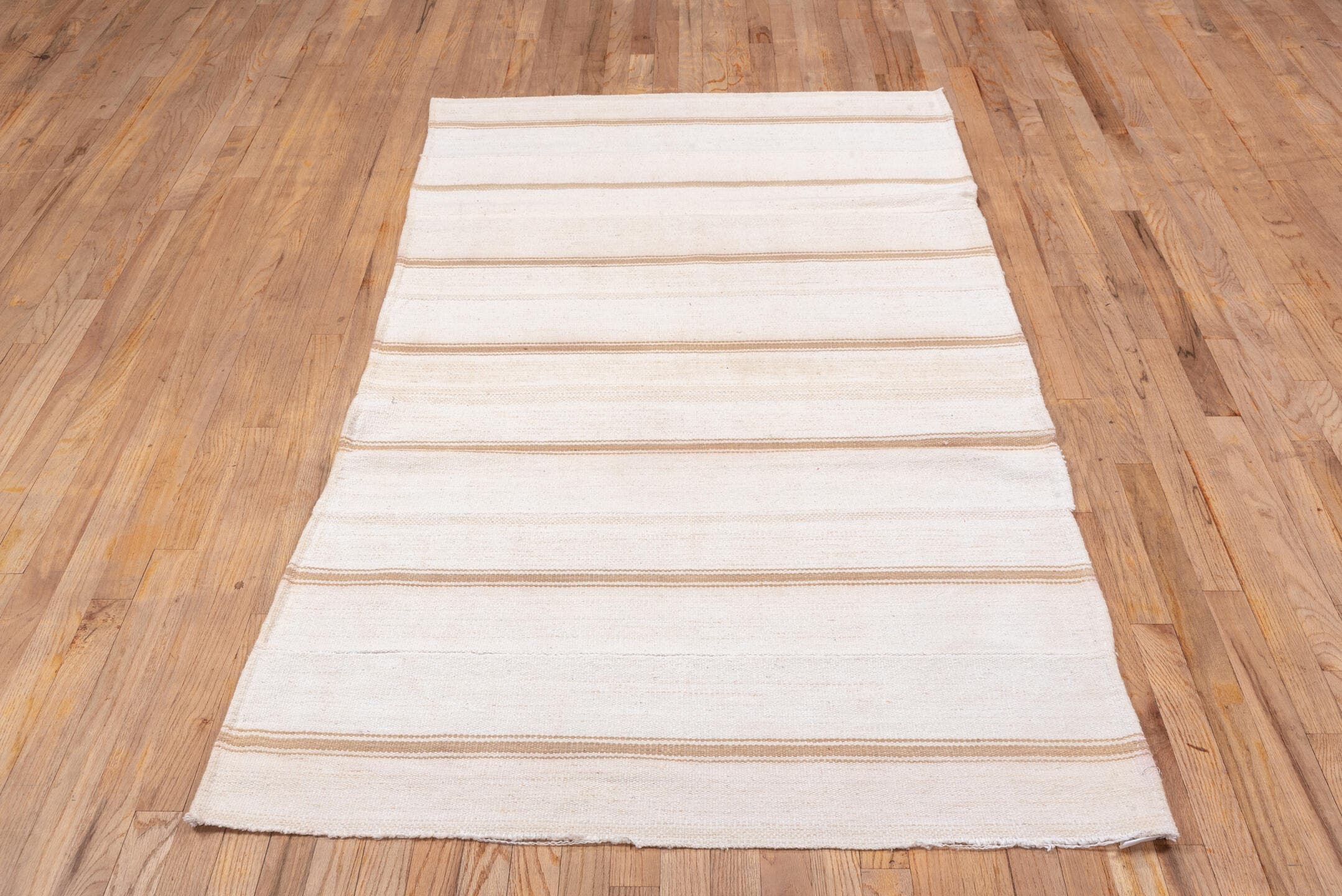 3' x 7' one-of-a-kind handmade vintage Flatweave rug. Color palette: ivory, cream, tan, taupe, beige, gray
