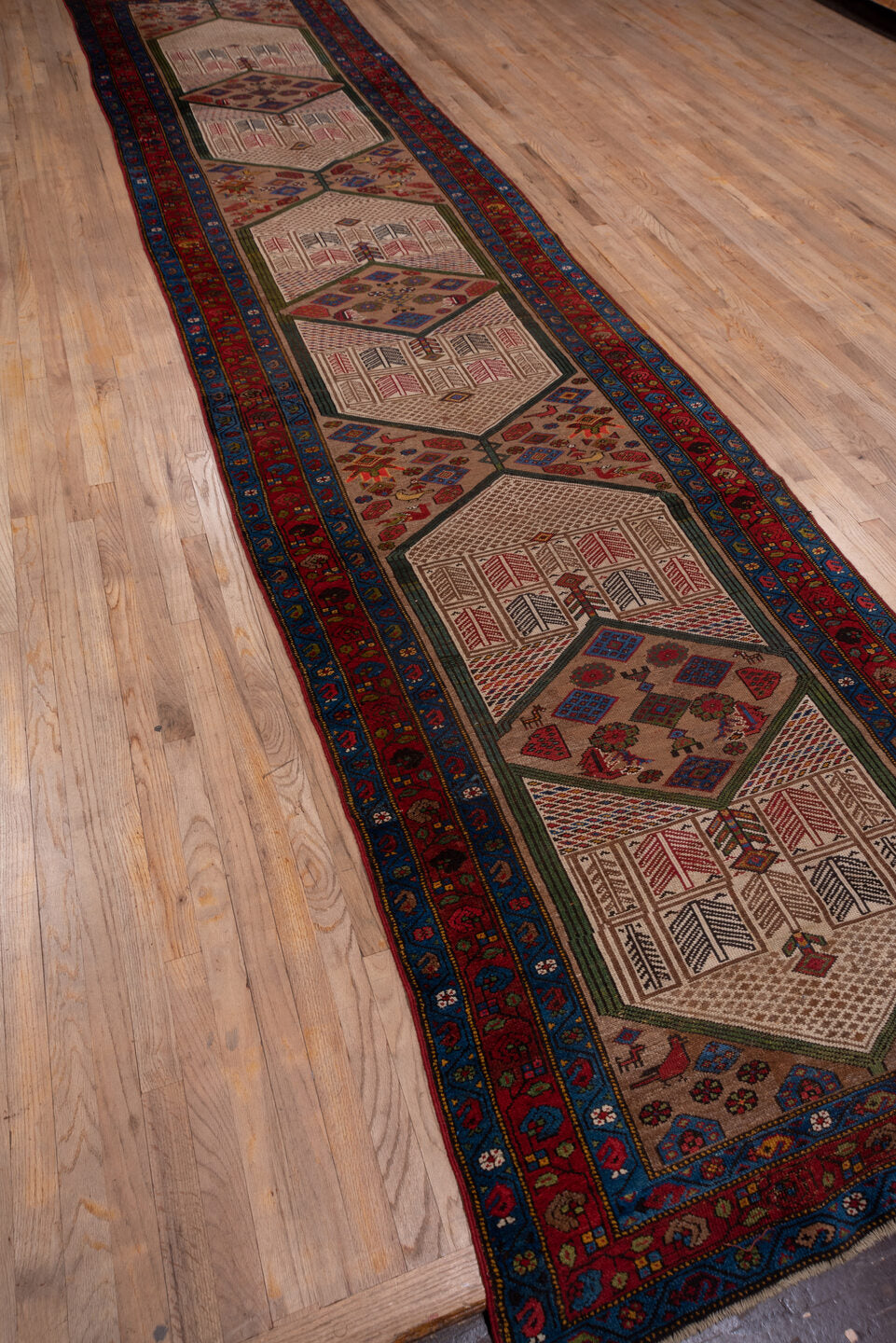 4' x 18' one-of-a-kind handmade antique Cam Hamadan runner rug. Color palette: ivory, crimson, indigo, navy, olive, rust