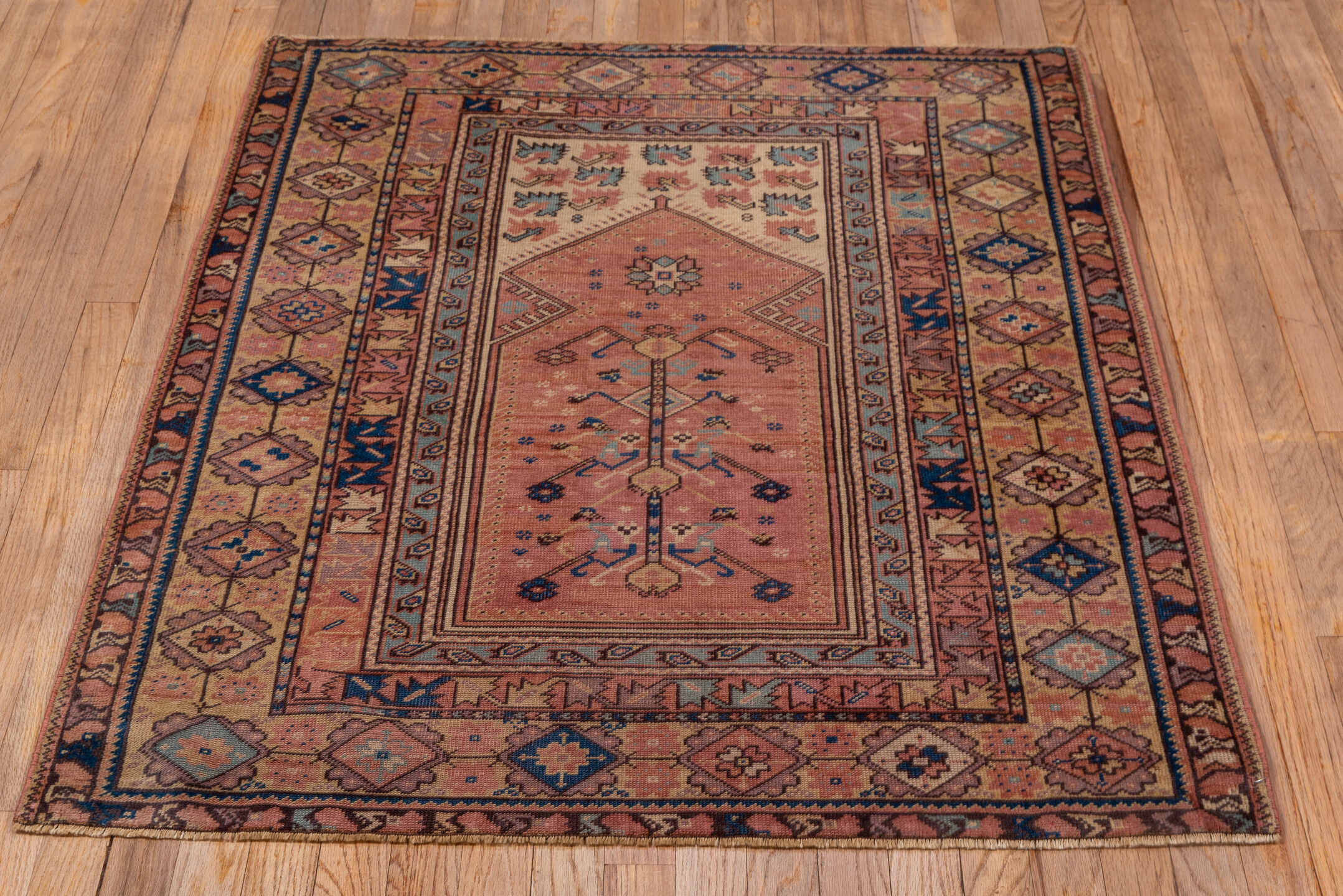 3' x 4' one-of-a-kind handmade vintage Anatol small size rug. Color palette: blue, brown, gray, light gray, off-white, pink