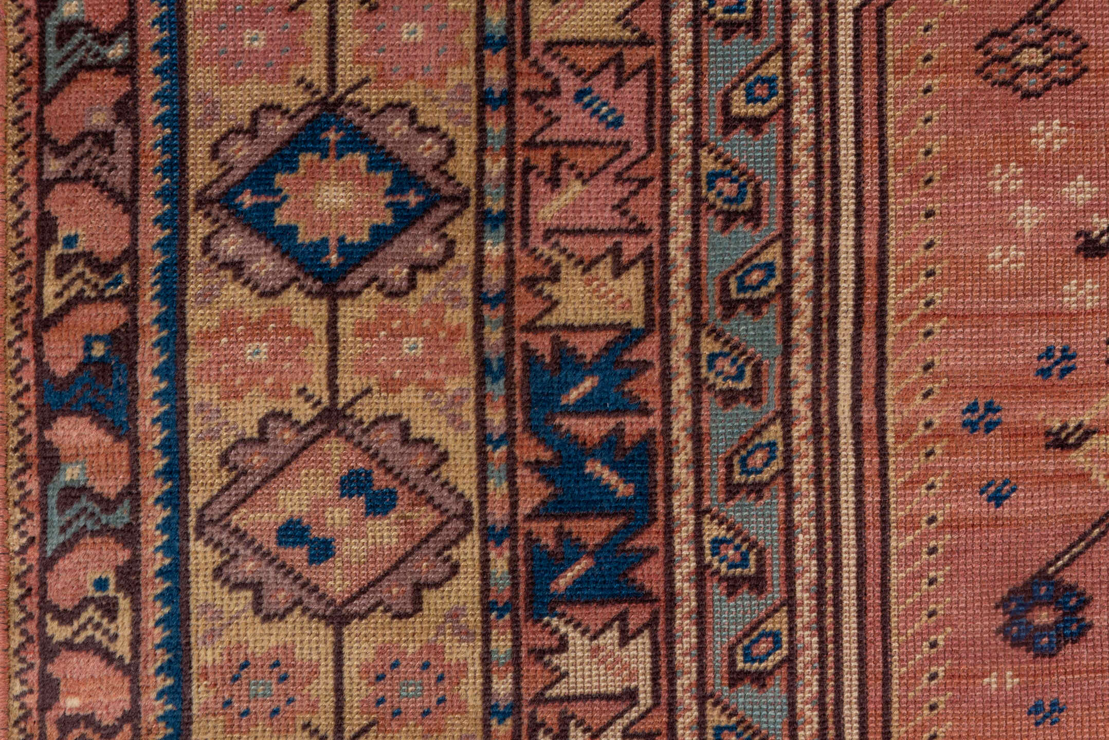 3' x 4' one-of-a-kind handmade vintage Anatol small size rug. Color palette: blue, brown, gray, light gray, off-white, pink