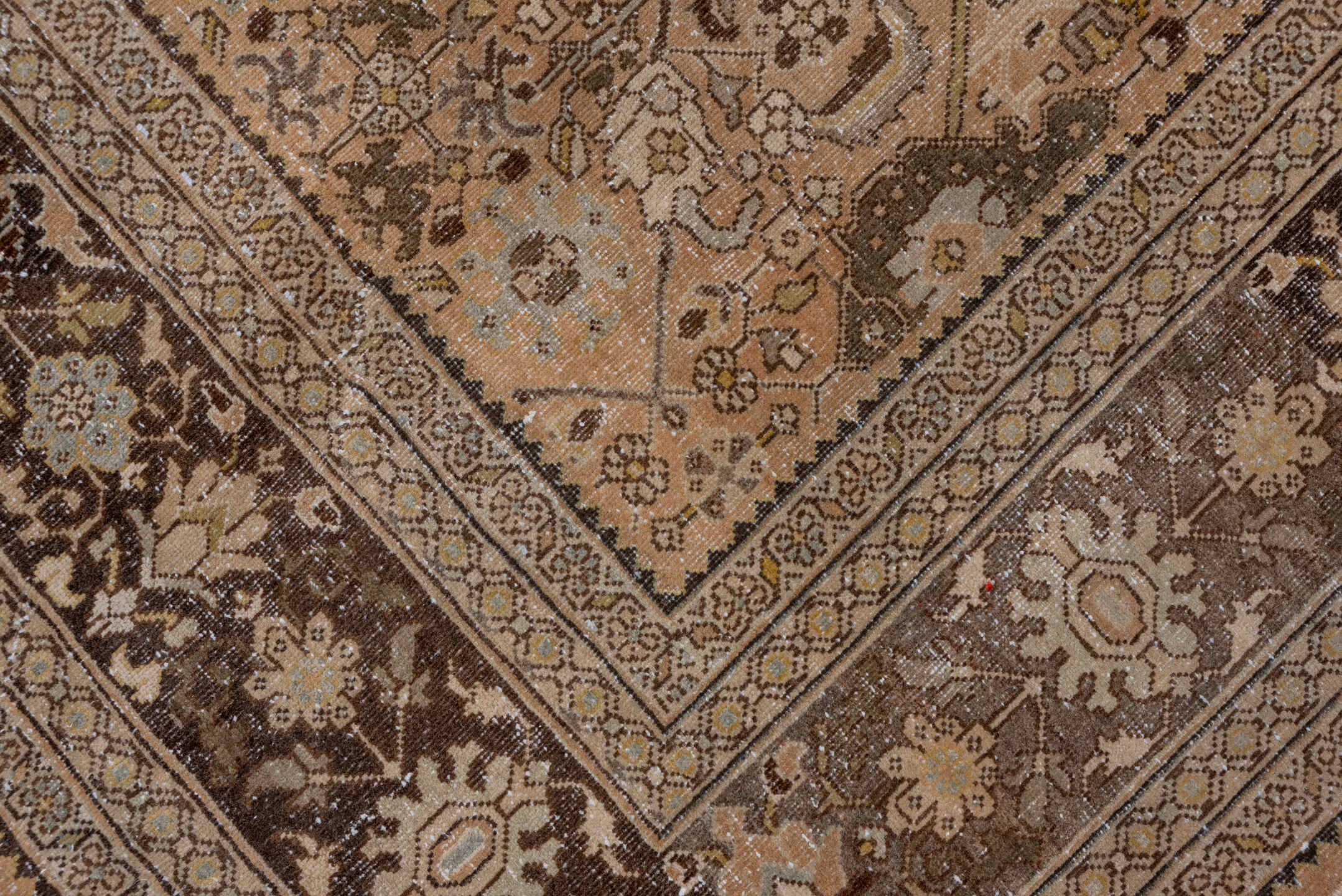 9' x 12' one-of-a-kind handmade antique Mahal large size rug. Color palette: camel, brown, ivory, taupe, beige, charcoal