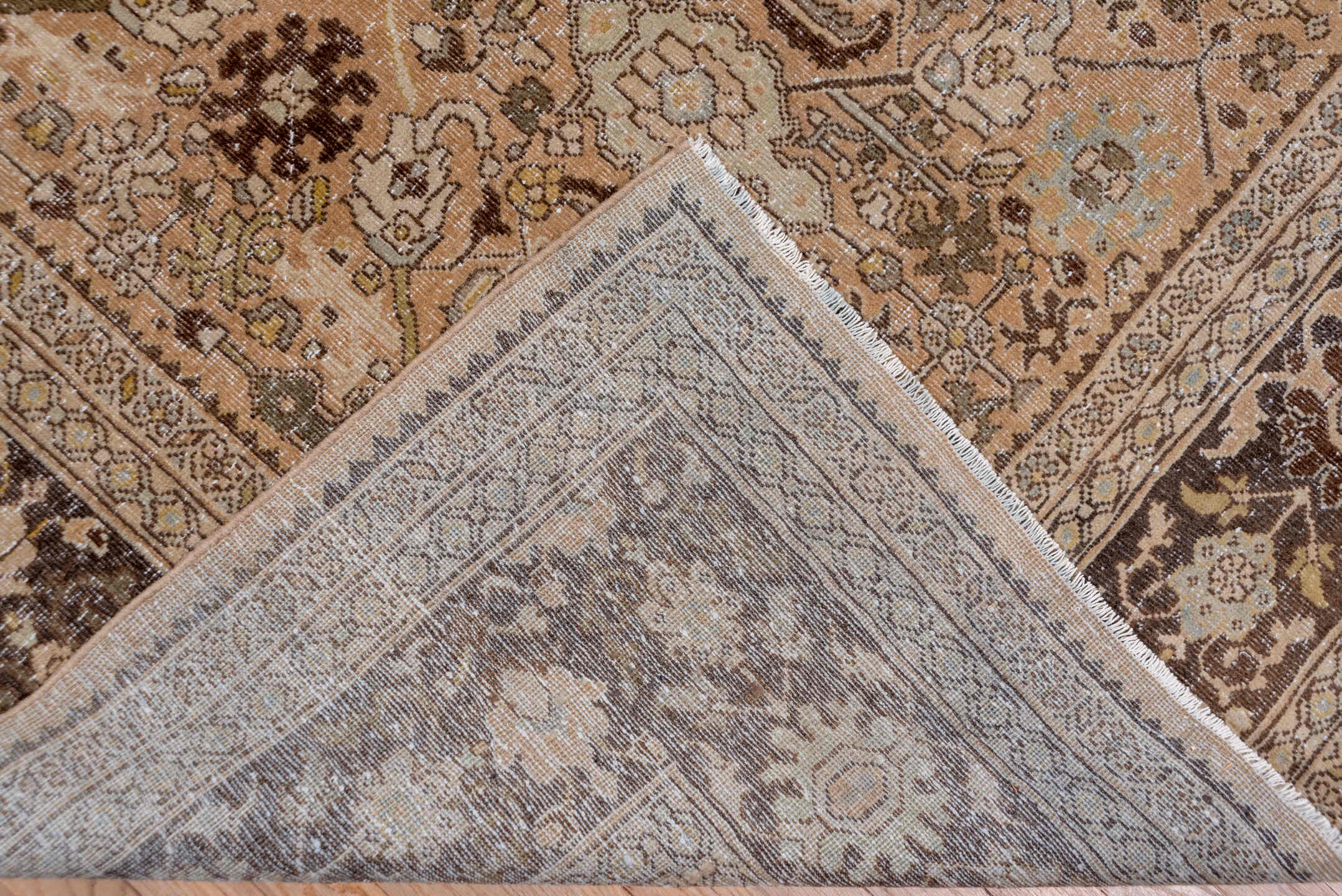 9' x 12' one-of-a-kind handmade antique Mahal large size rug. Color palette: camel, brown, ivory, taupe, beige, charcoal