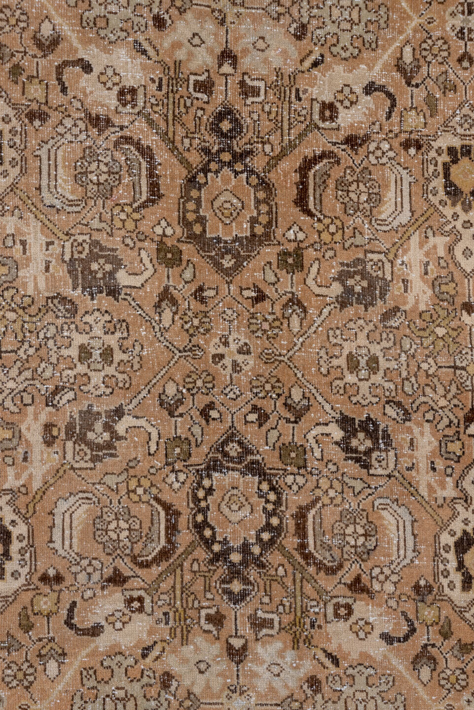 9' x 12' one-of-a-kind handmade antique Mahal large size rug. Color palette: camel, brown, ivory, taupe, beige, charcoal