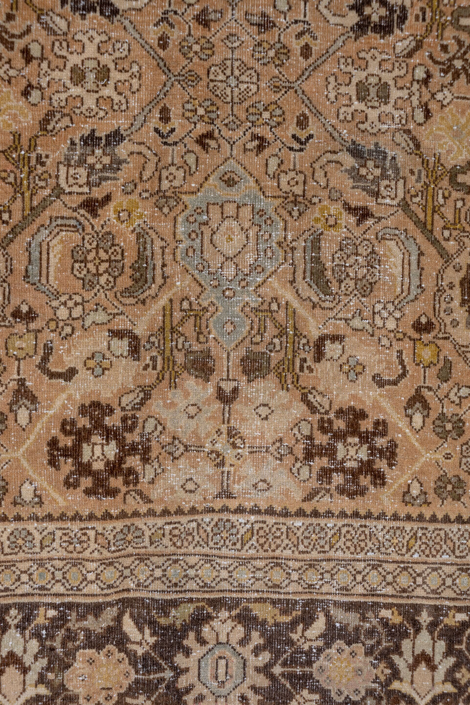 9' x 12' one-of-a-kind handmade antique Mahal large size rug. Color palette: camel, brown, ivory, taupe, beige, charcoal