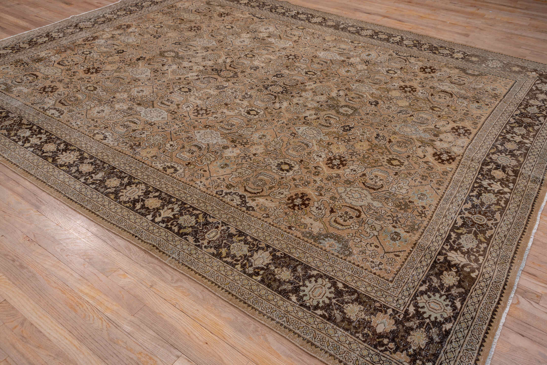 9' x 12' one-of-a-kind handmade antique Mahal large size rug. Color palette: camel, brown, ivory, taupe, beige, charcoal